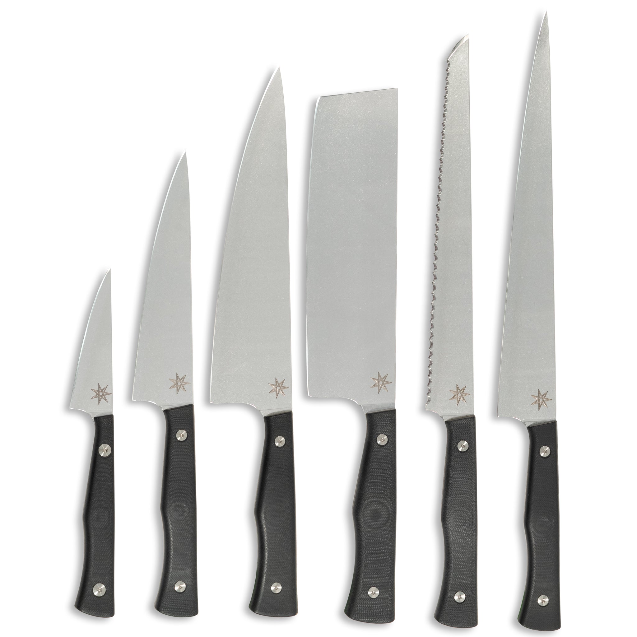 6-piece essentials knife set with black G-10 handles, perfect for home cooking and professional kitchens.