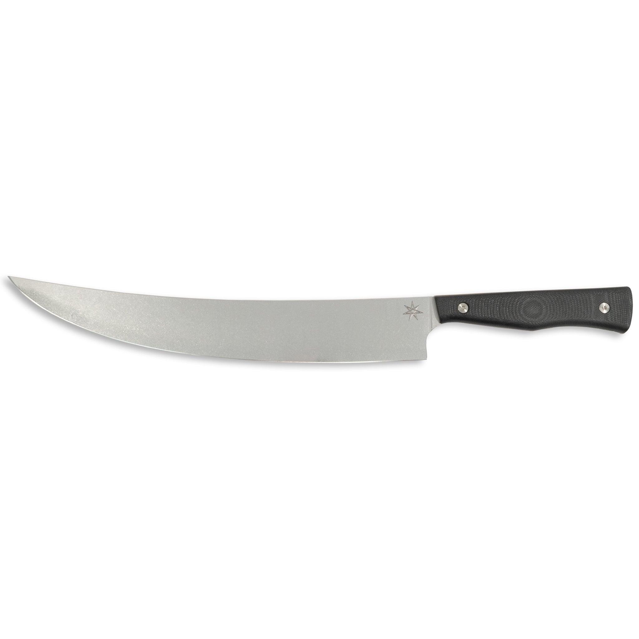 Scimitar butcher knife with stainless steel blade and black handle.