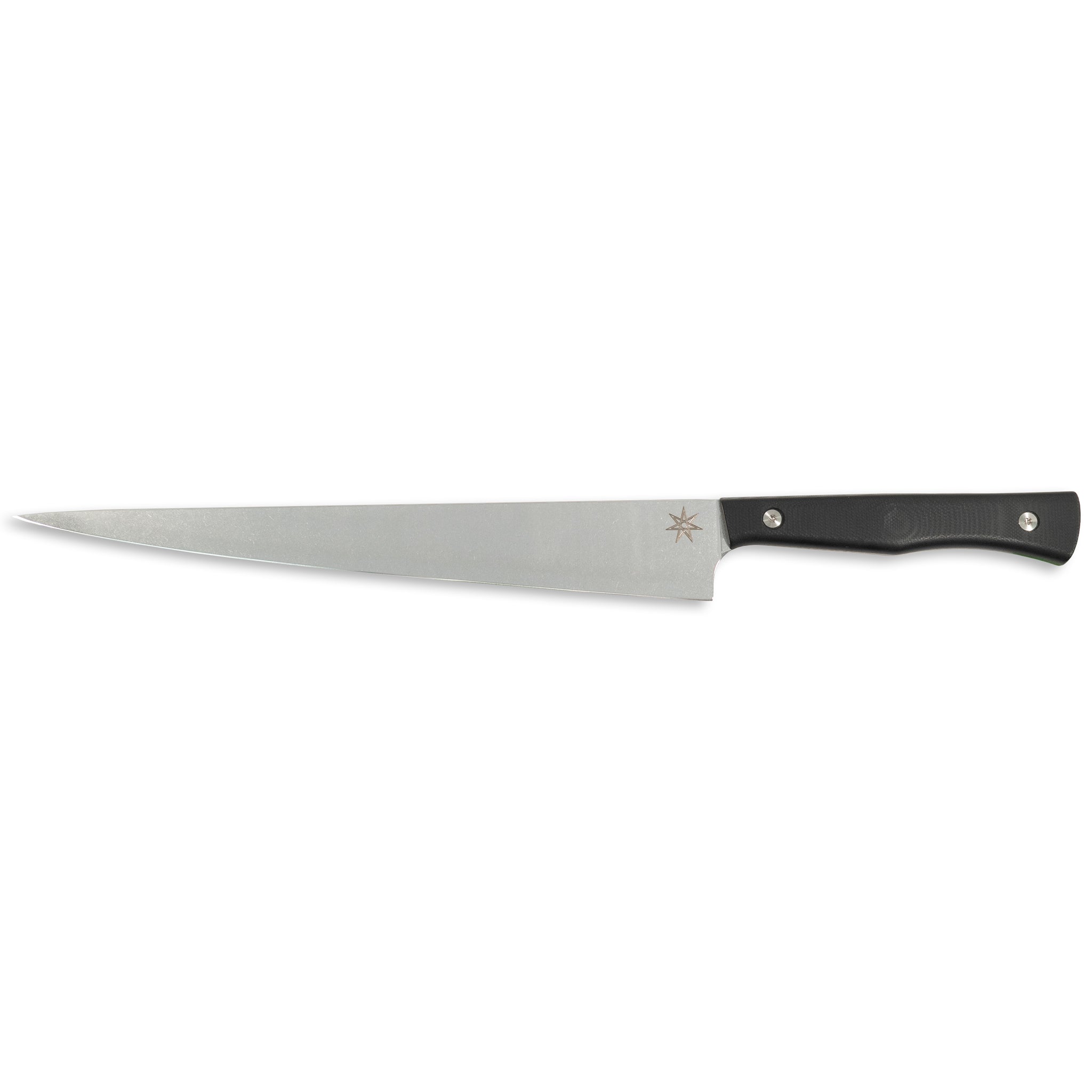 Stainless steel slicer carving knife with a black handle.