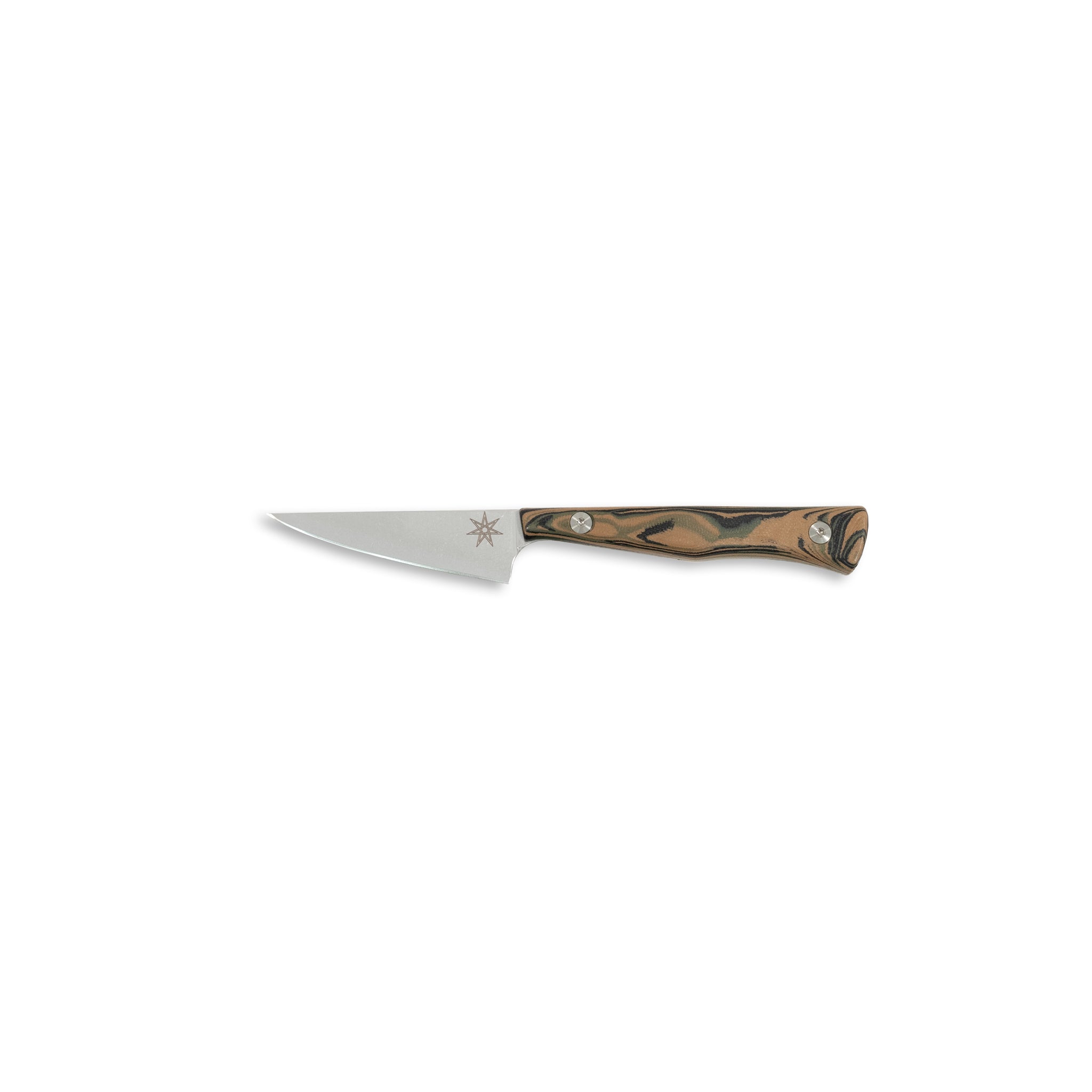 Town Cutler 3" paring knife with stainless steel blade and G-10 burl wood handle  in black, green, and tan.