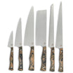 The Essentials Knife Set featuring six essential kitchen knives with unique burl G-10 handles in black, green, and tan.