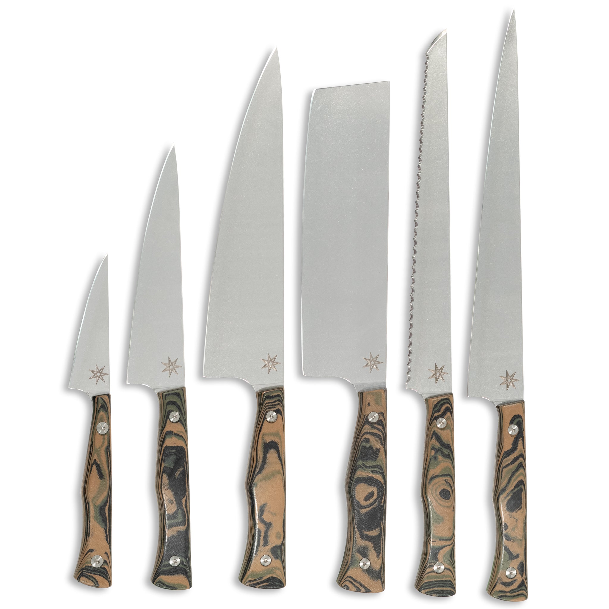 The Essentials Knife Set featuring six essential kitchen knives with unique burl G-10 handles in black, green, and tan.