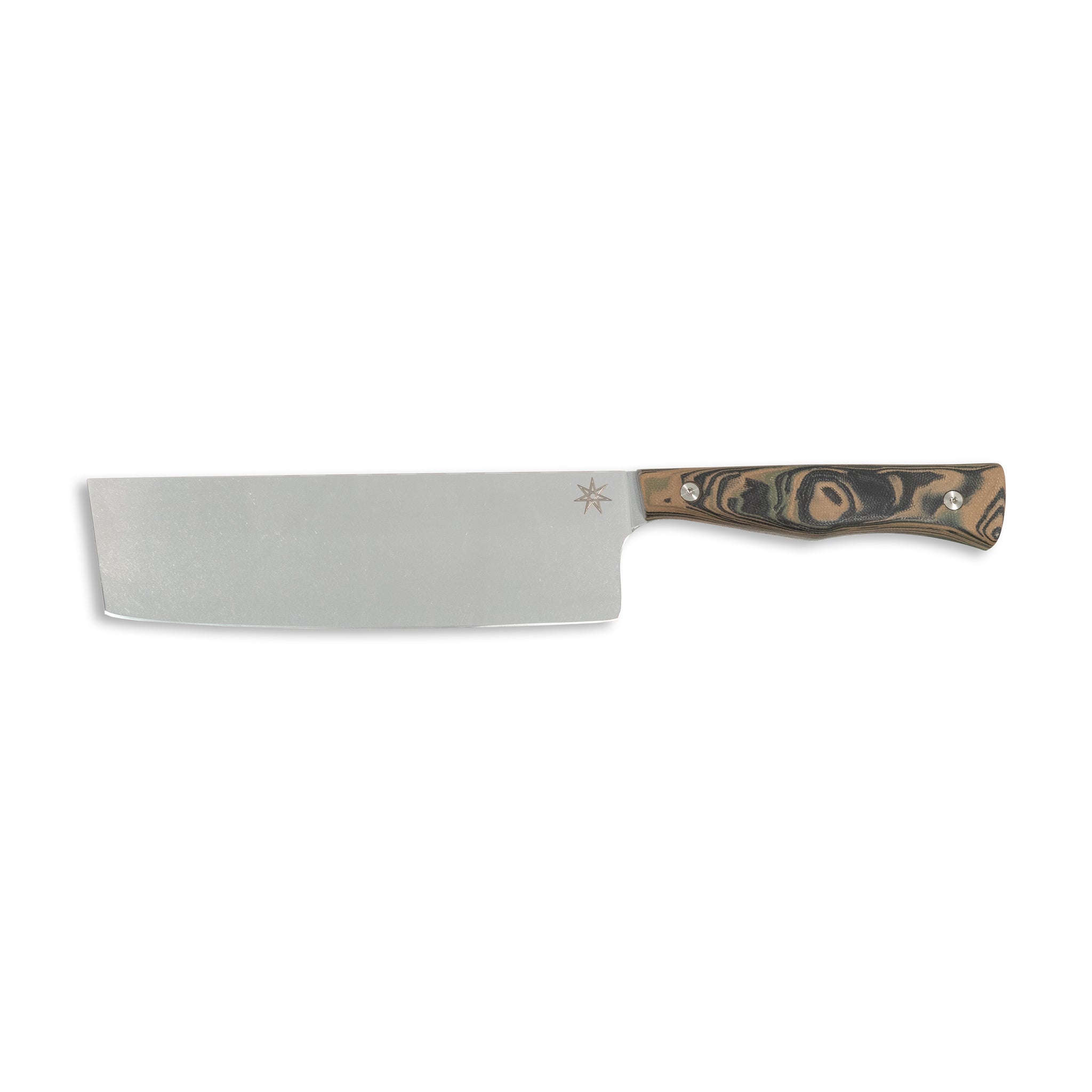 Stainless steel nakiri vegetable  knife with a black, green, and tan handle.