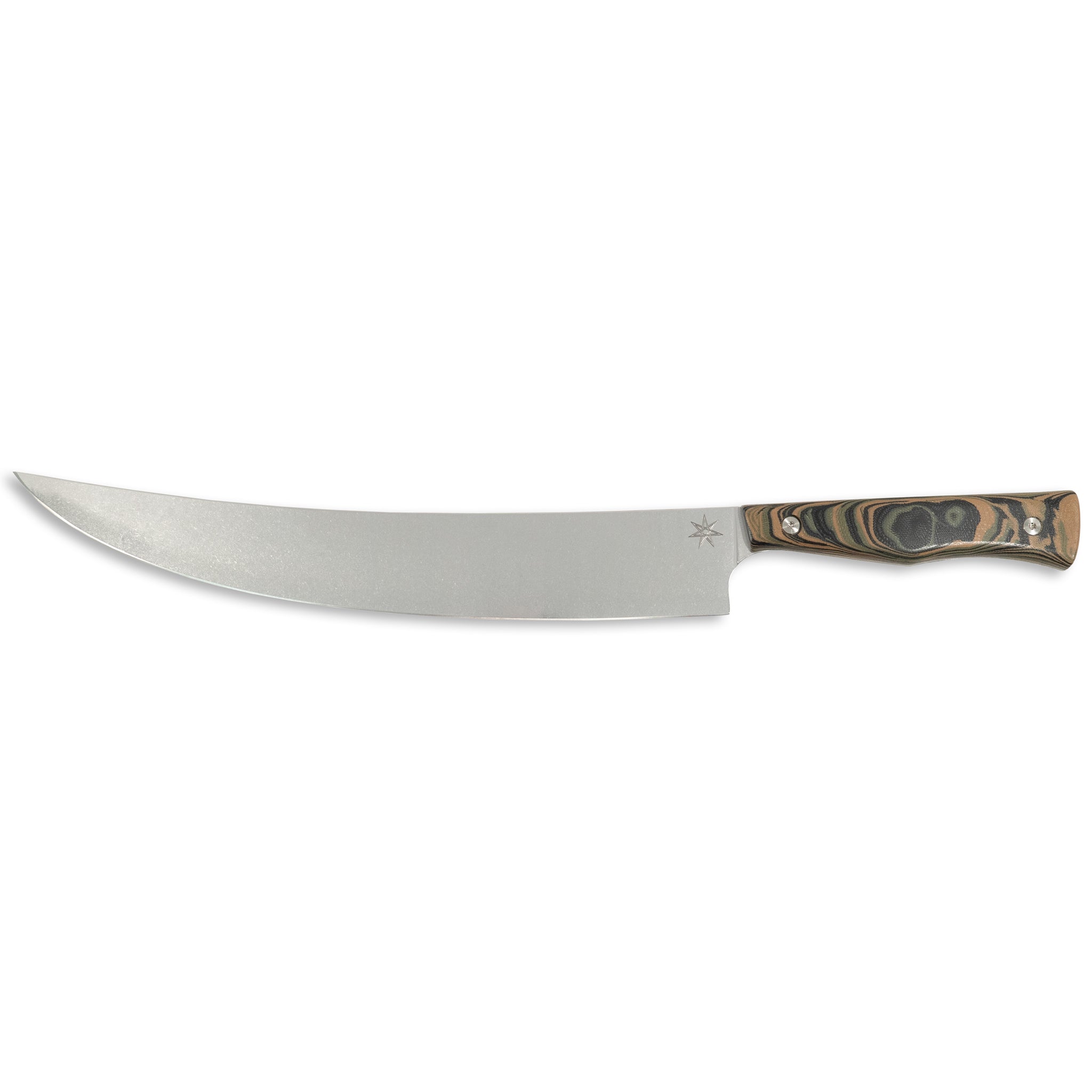 Scimitar butcher Knife knife with stainless steel blade and black, green, and tan handle.