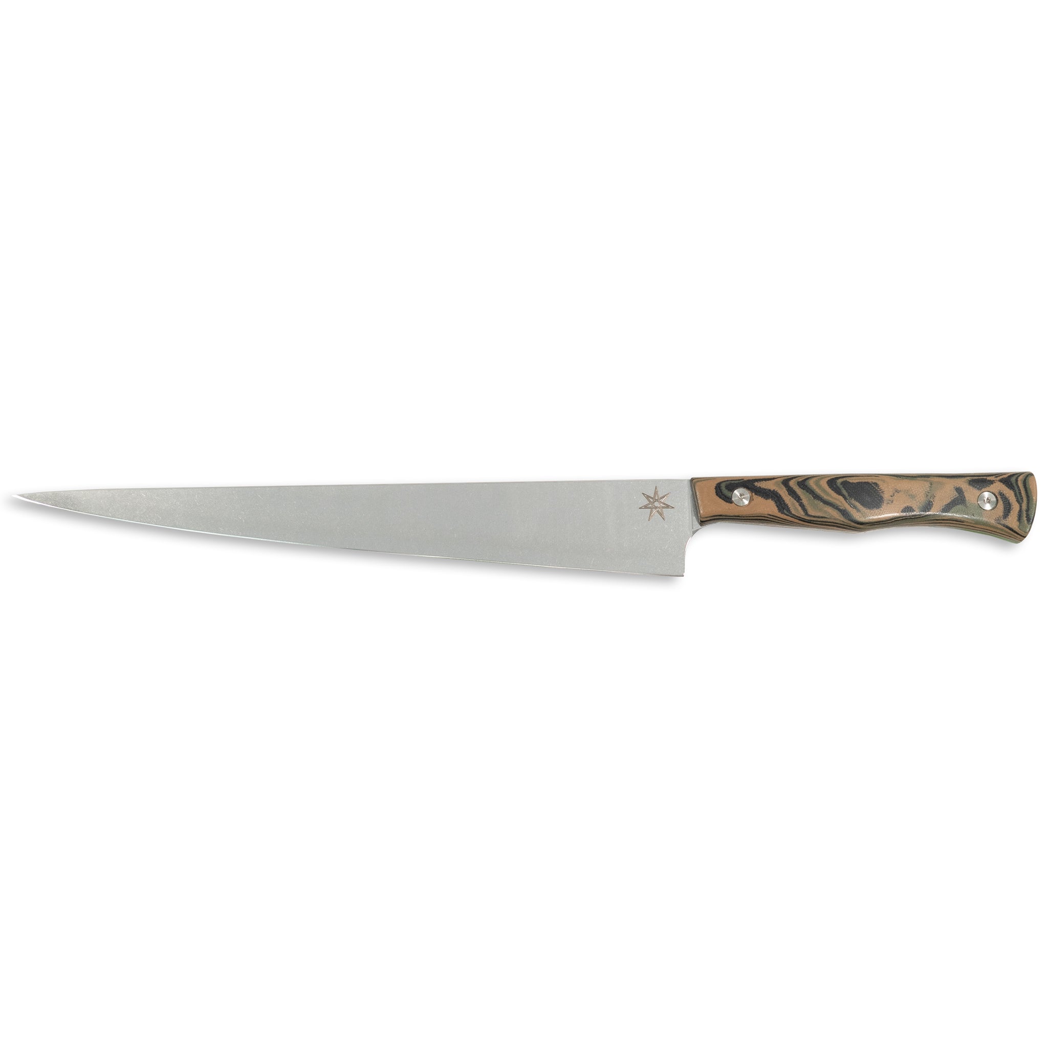 Stainless steel slicer carving knife with a black, green, and tan handle.