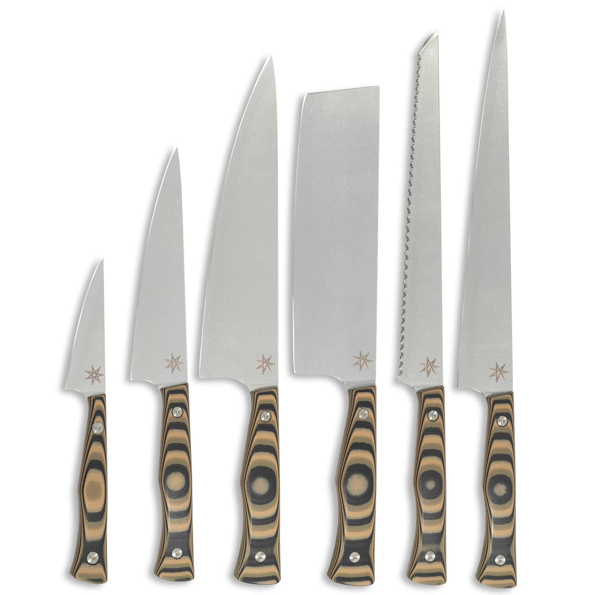 Essentials 6-piece knife set featuring black, green, and tan layered G-10 handles for versatile kitchen use.