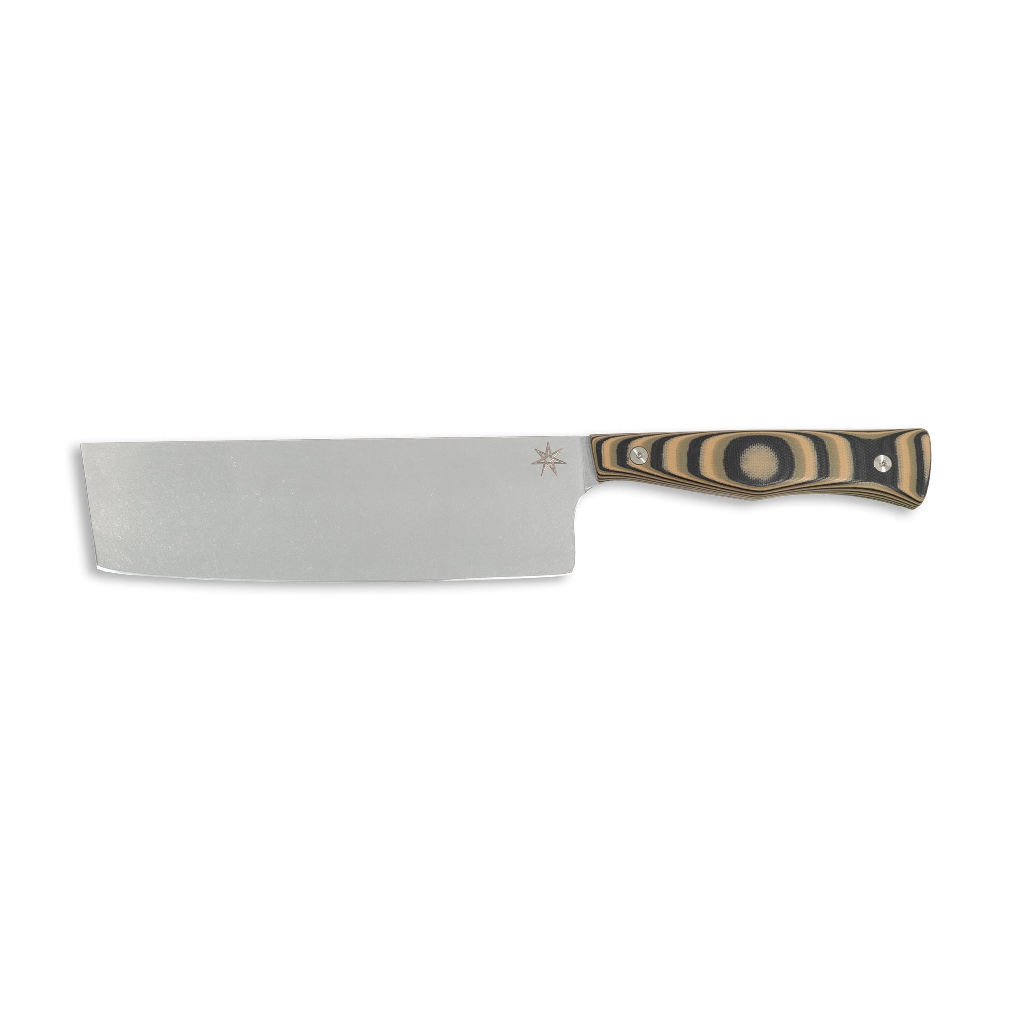 Stainless steel nakiri vegetable  knife with a black, green, and tan handle.