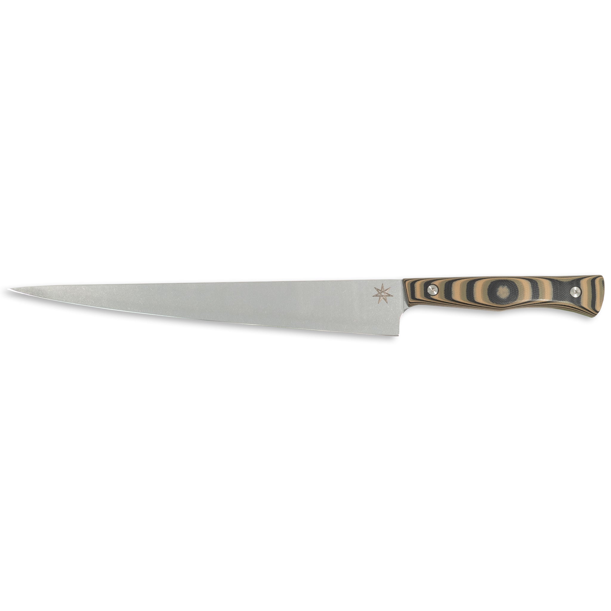 Stainless steel slicer carving knife with a black, green, and tan handle.