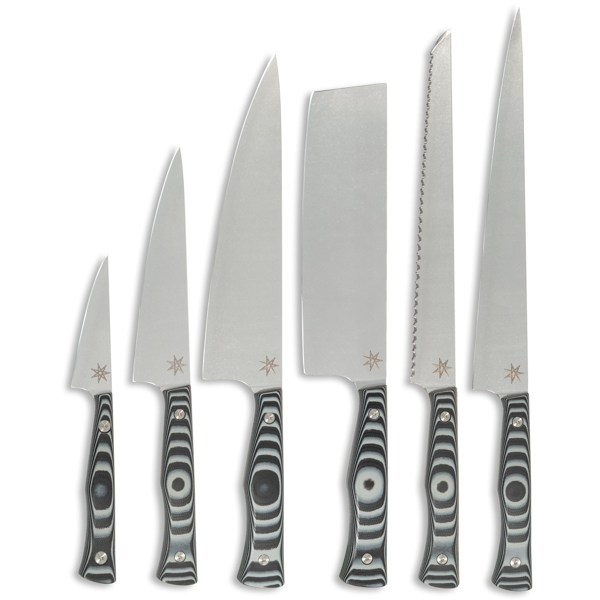 Six-piece essentials knife set with black and gray layered G-10 handles and stainless steel blades for versatile kitchen use.