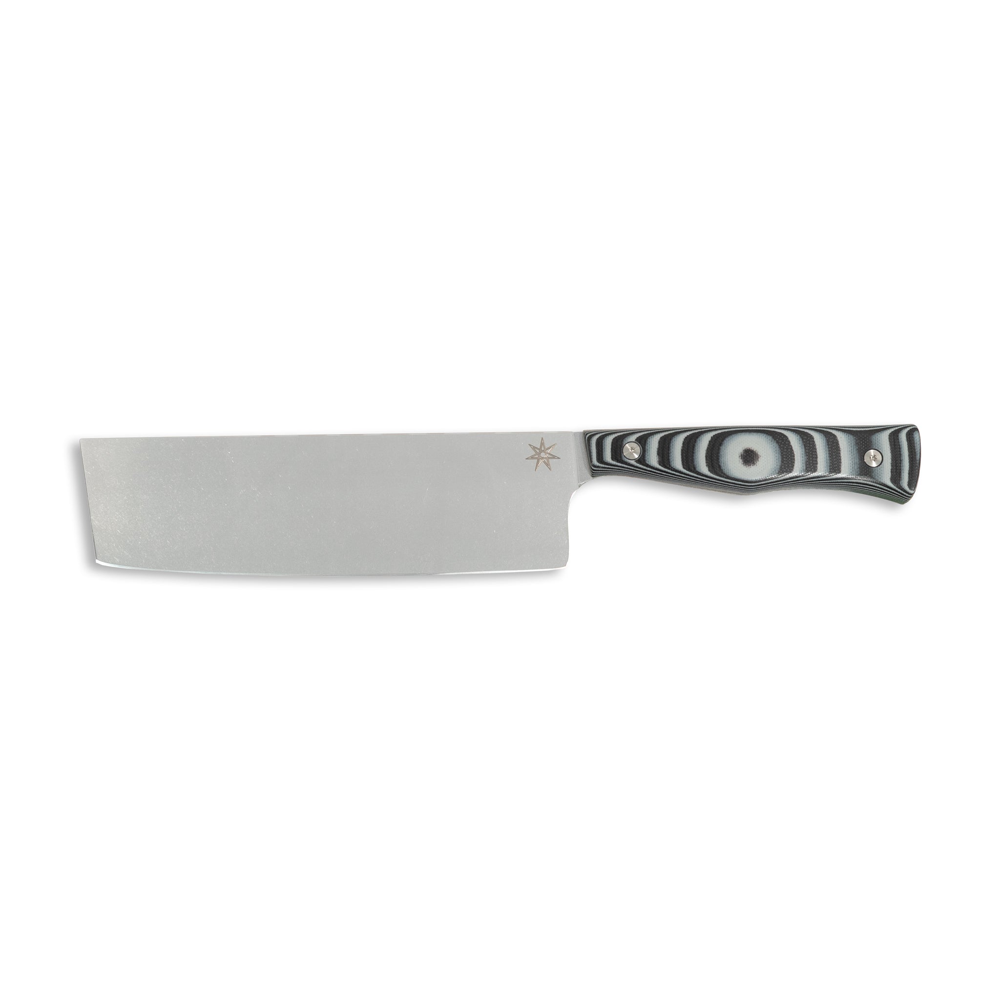 Stainless steel nakiri vegetable  knife with a gray and black handle.