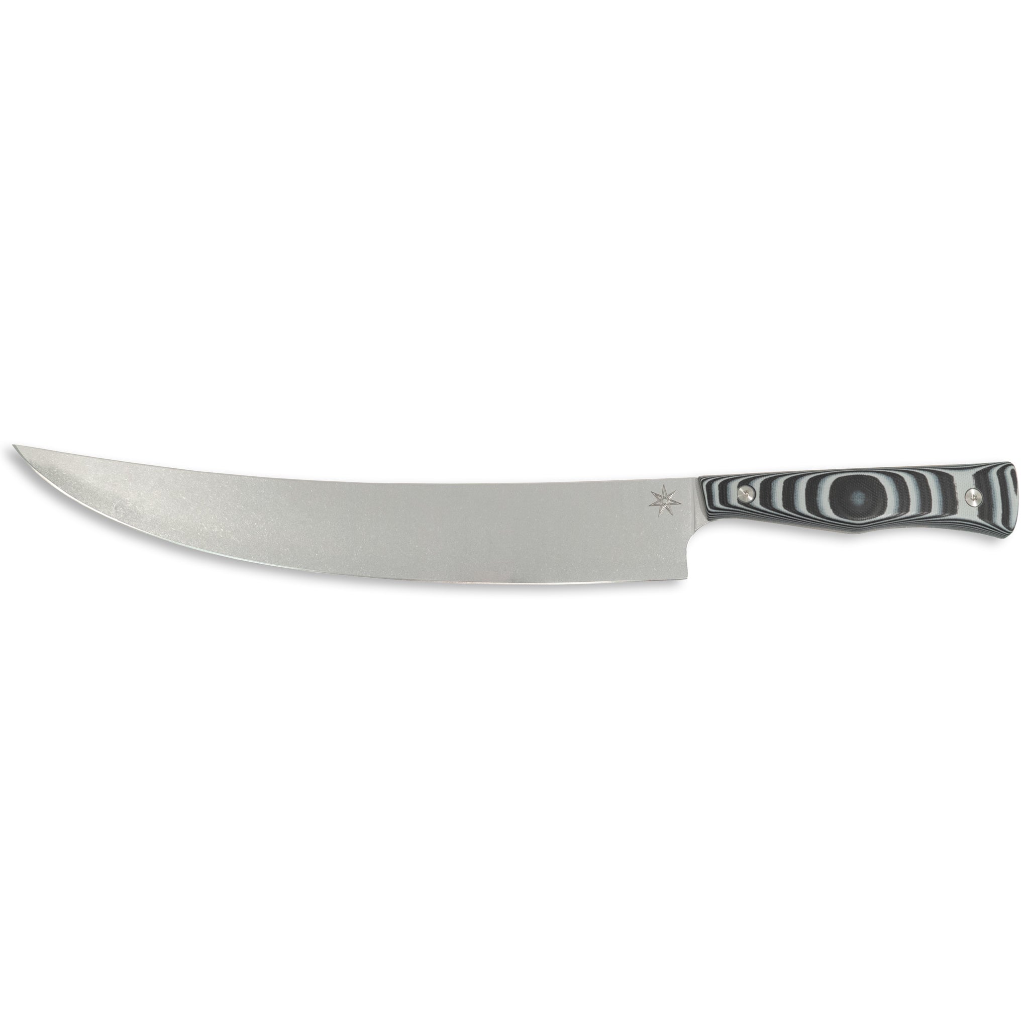 Scimitar butcher Knife knife with stainless steel blade and black and gray handle.