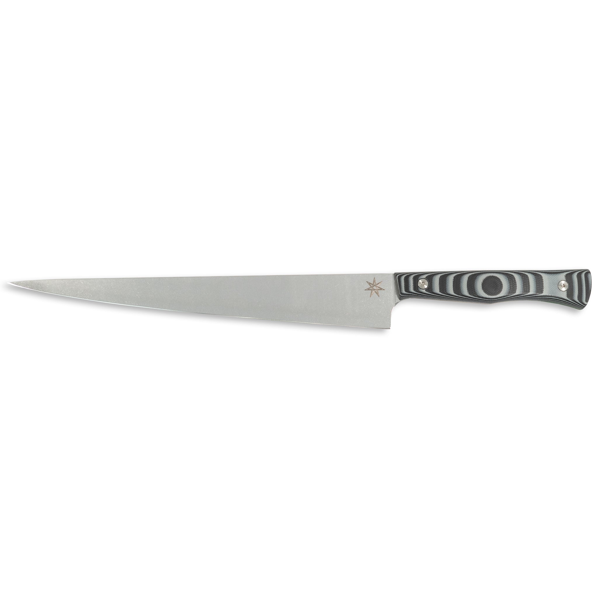 Stainless steel slicer carving knife with a black and gray handle.