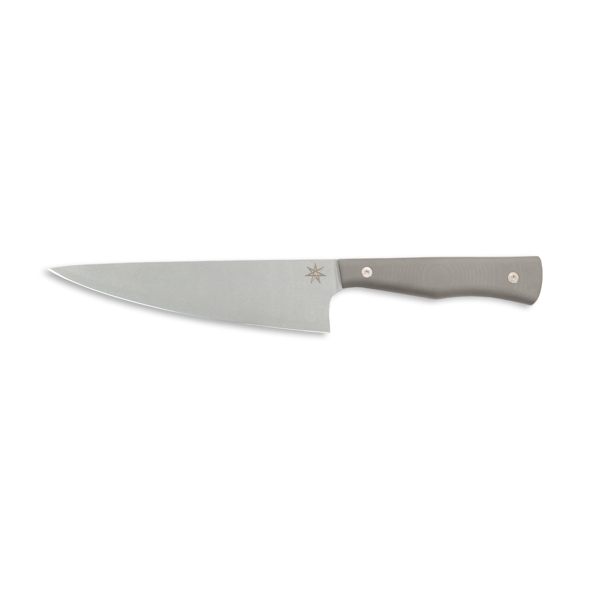 Stainless steel 7" kitchen chef knife with a gray handle.