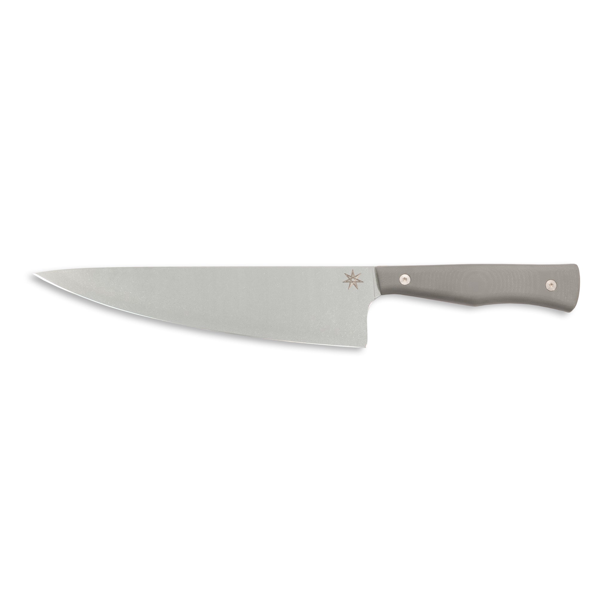 Stainless steel kitchen chef knife with a gray handle.