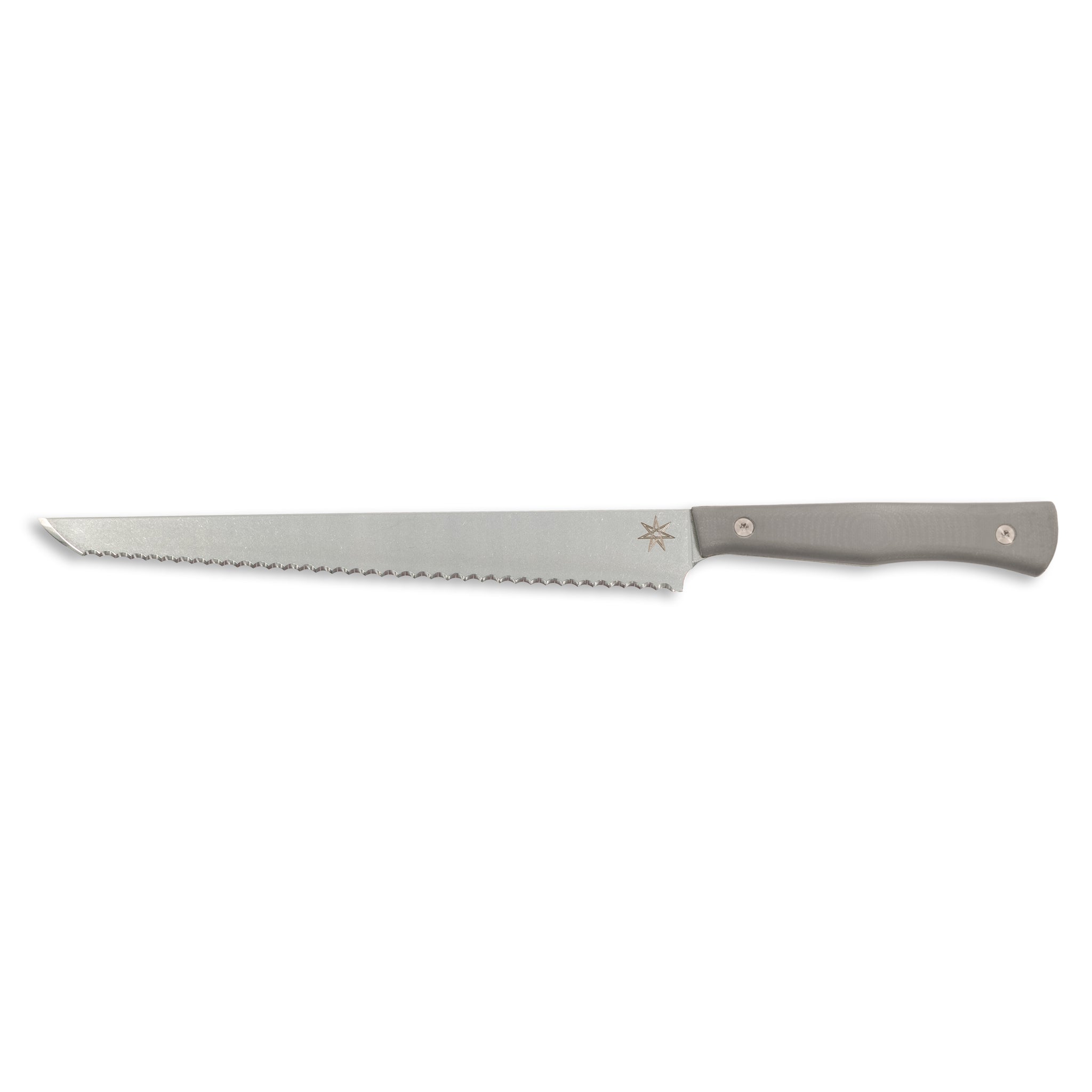 Stainless steel kitchen bread knife with a gray handle.