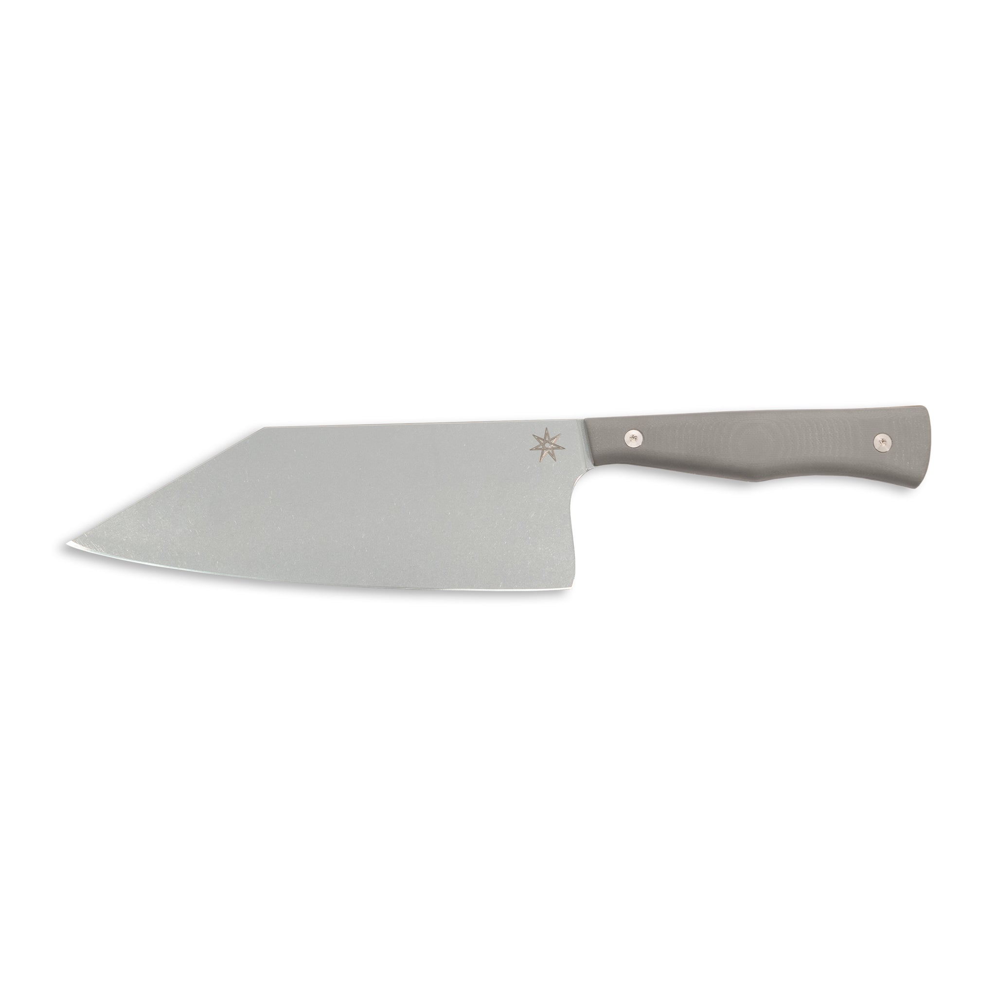 Stainless steel kitchen chopping knife with a gray handle.