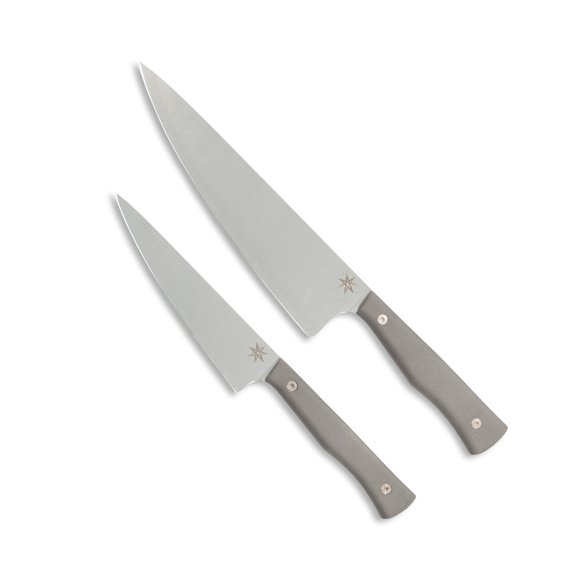 Two piece knife set consisting of a utility and chef knife with gray handles.