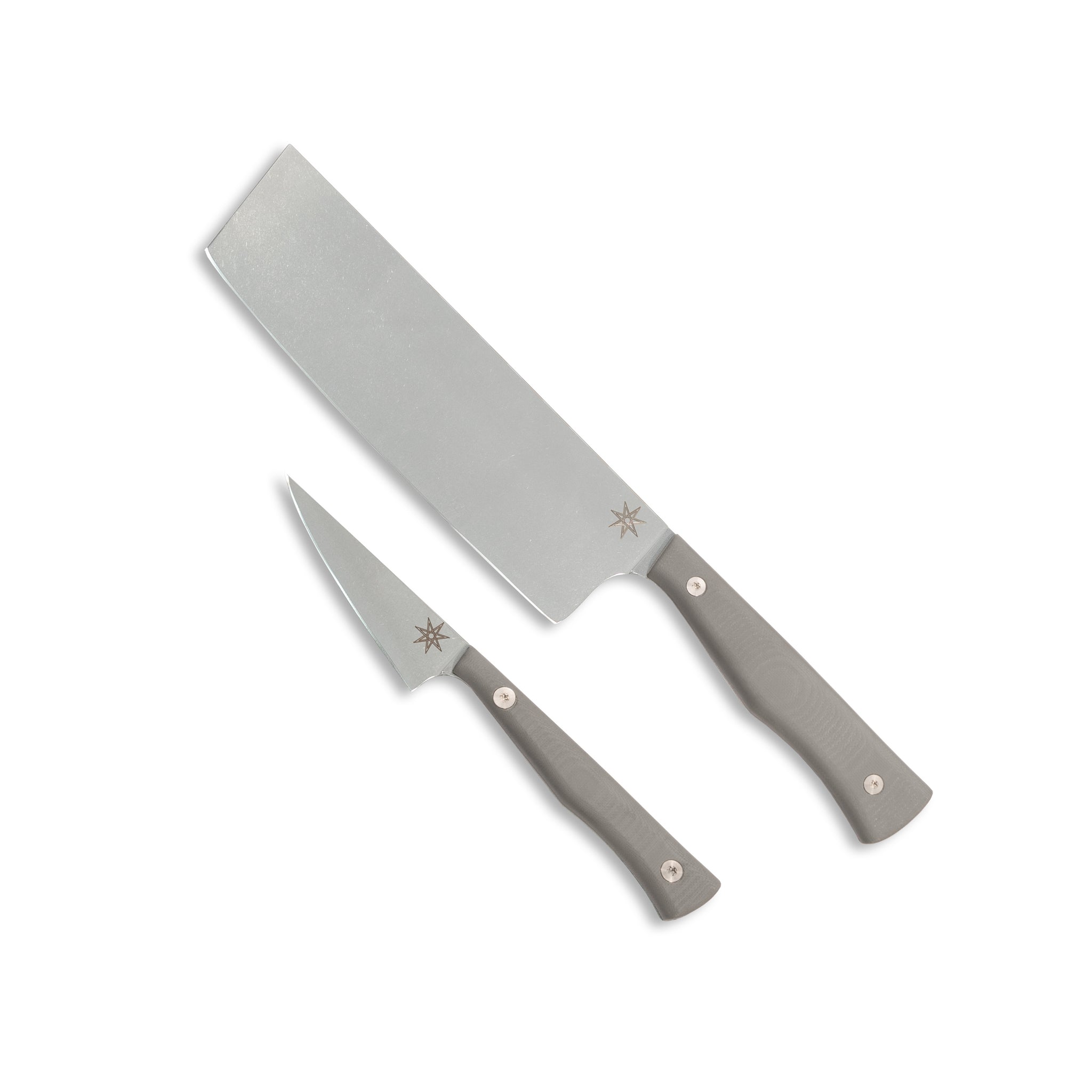 Two piece knife set consisting of a paring and nakiri vegetable knife with gray handles.