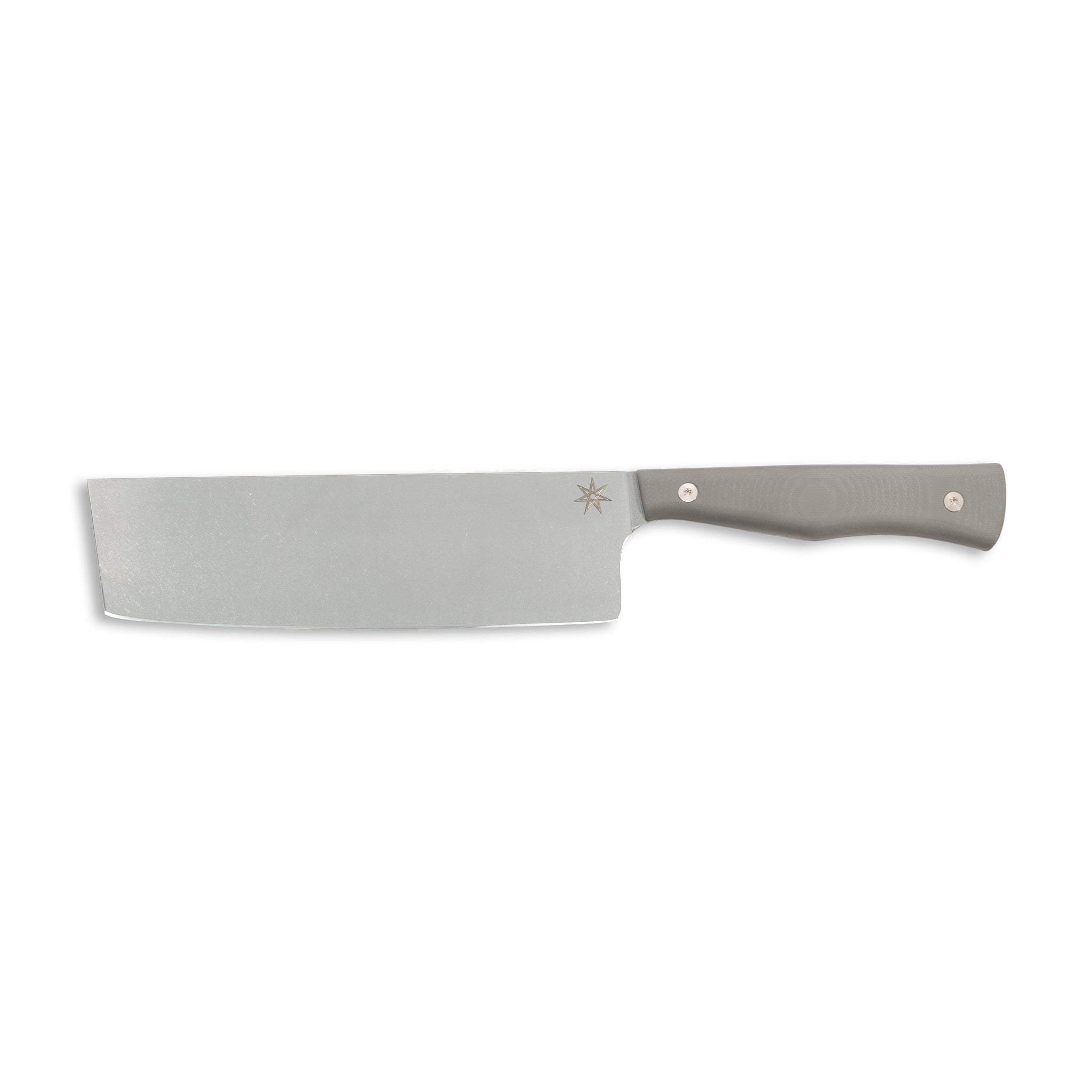 Stainless steel kitchen nakiri vegetable knife with a gray handle.