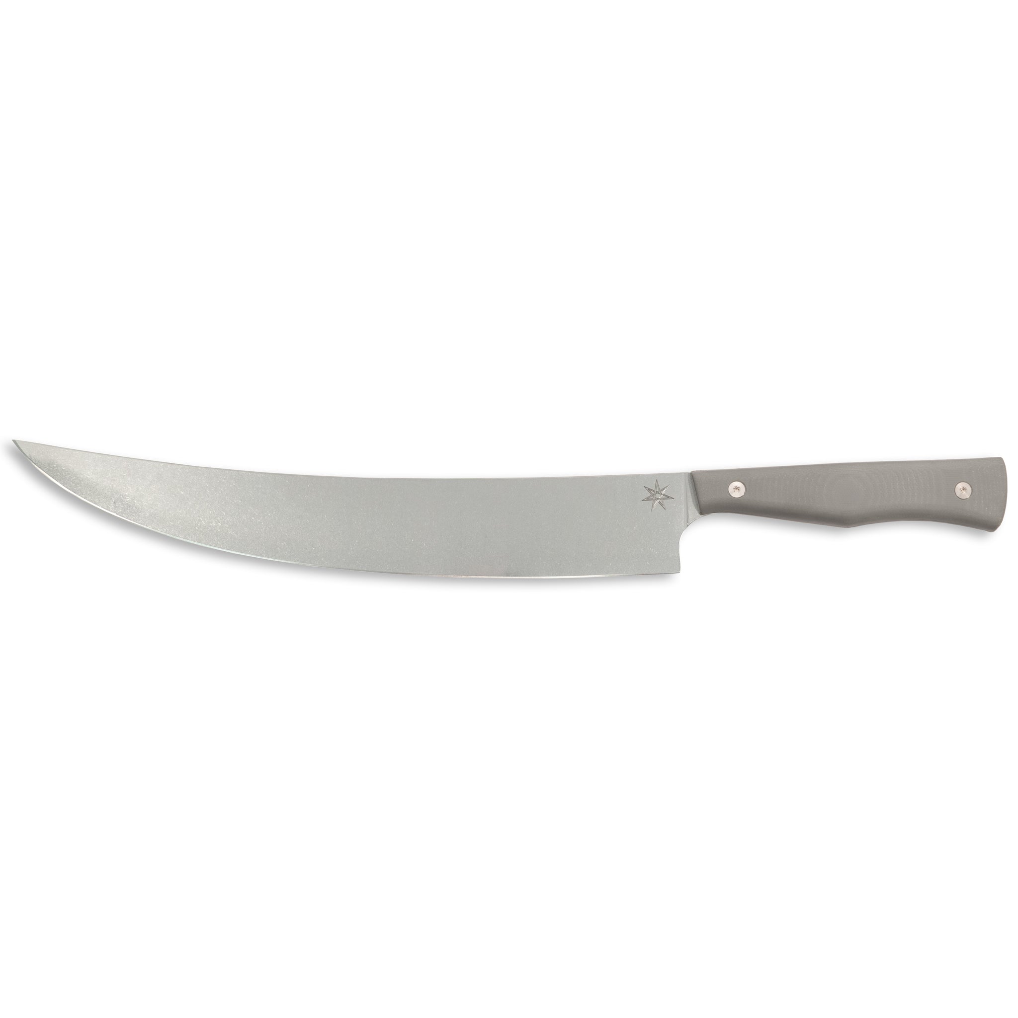 Stainless steel kitchen scimitar butcher knife with a gray handle.