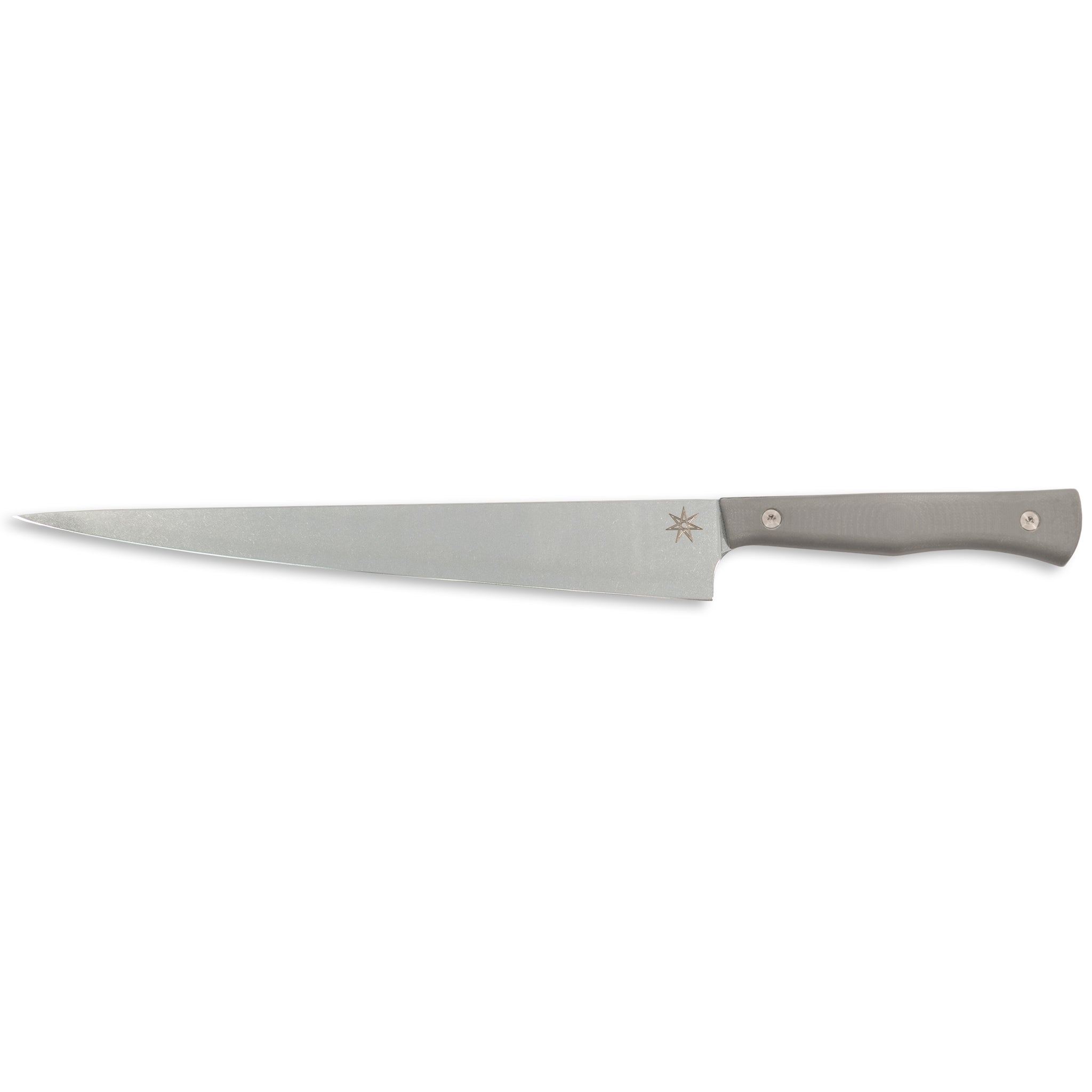 Stainless steel kitchen slicer carving knife with a gray handle.