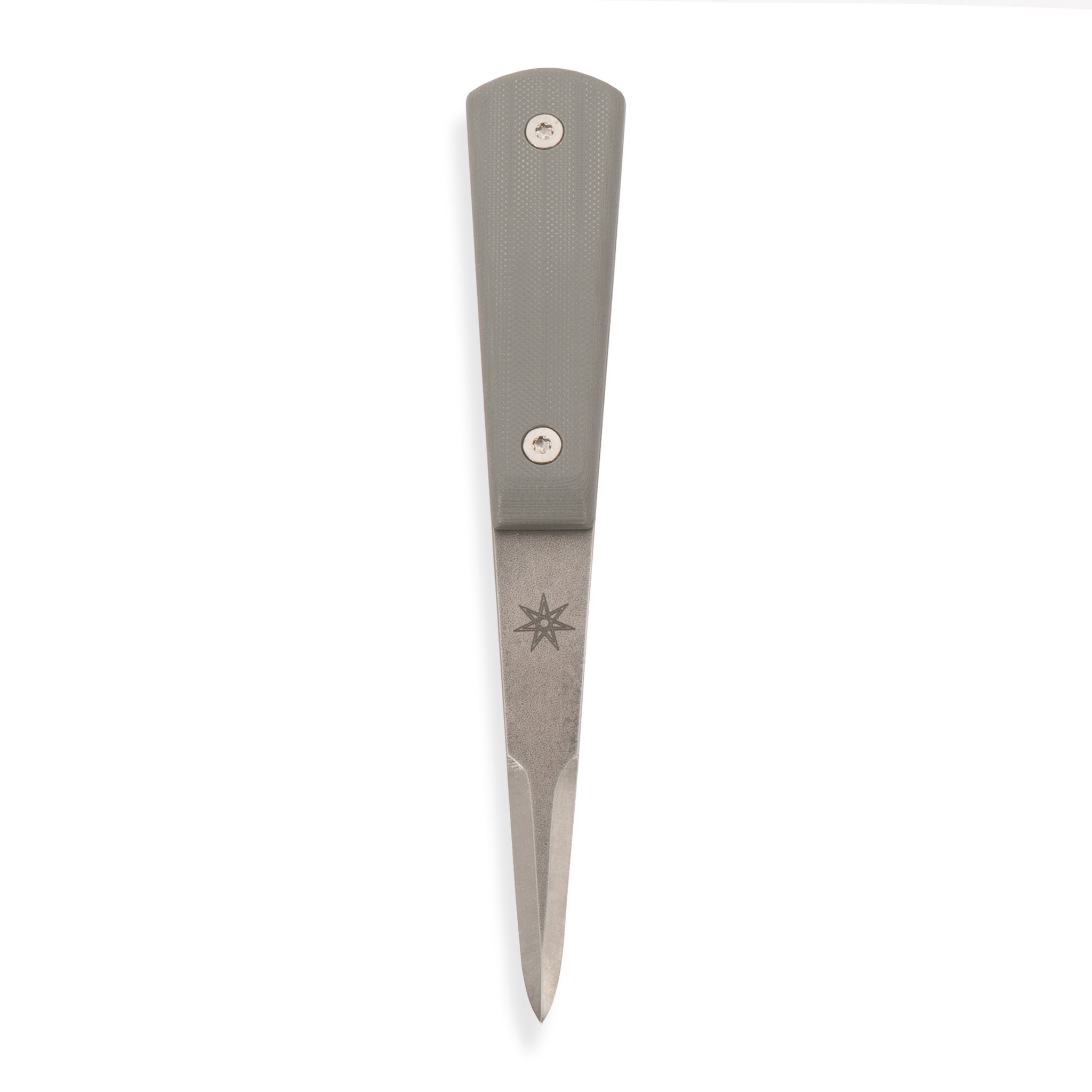 Stainless steel oyster shucking knife with gray handle.