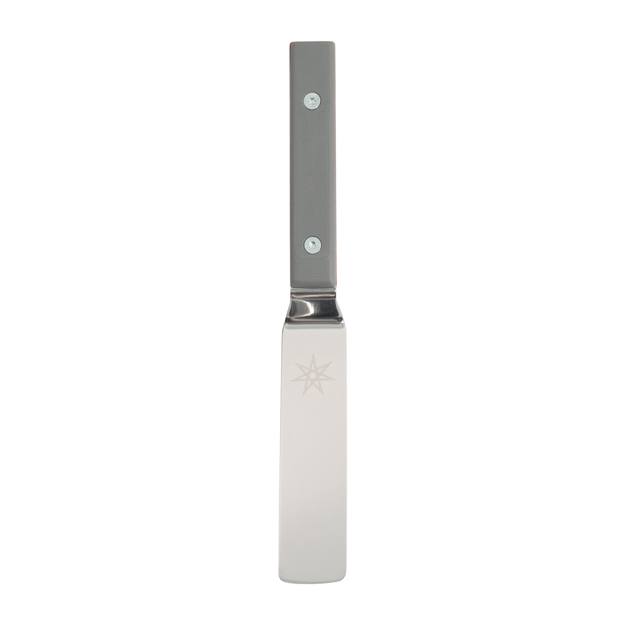 Stainless steel offset kitchen spatula palette knife knife with gray g-10 handle.