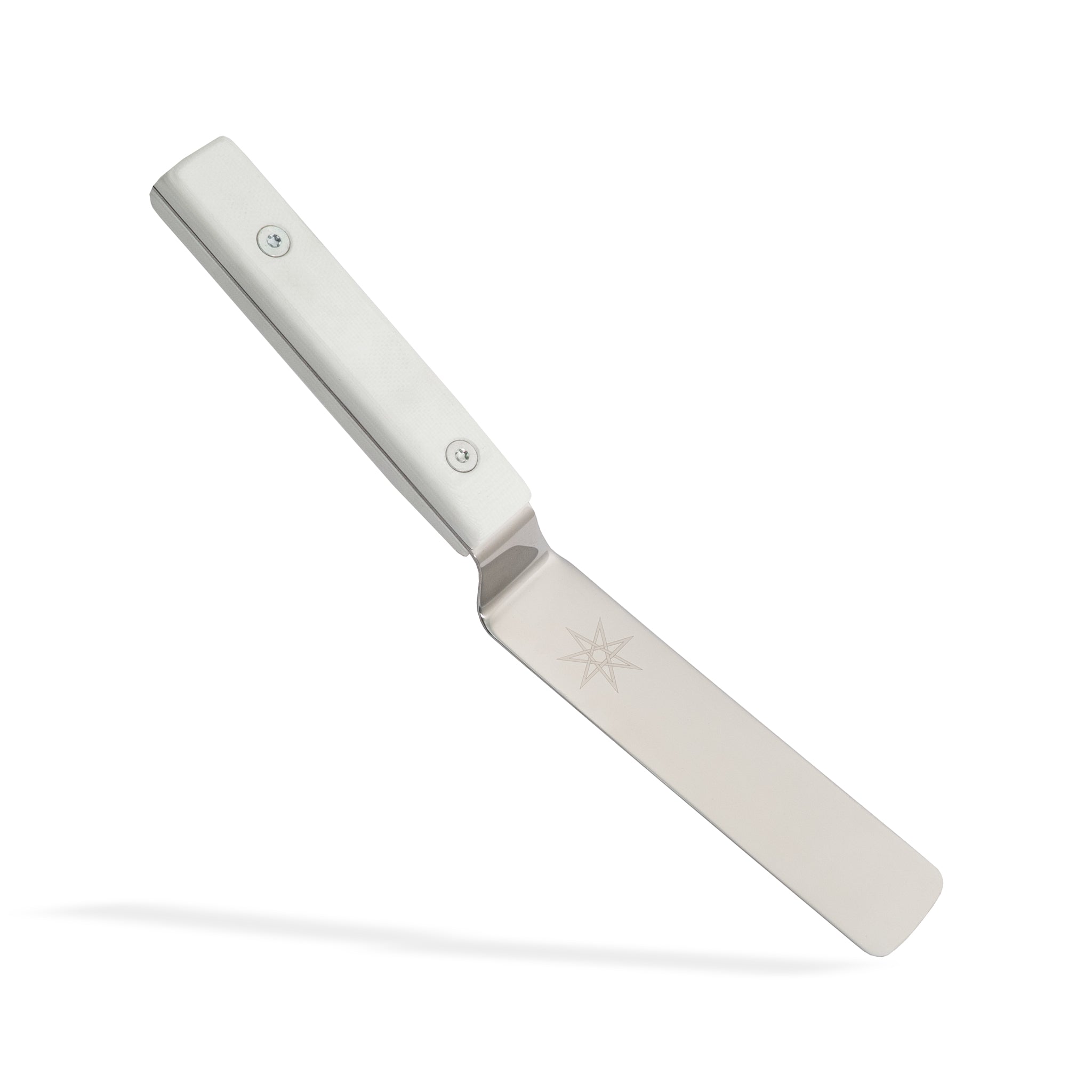 Kitchen spatula palette knife with white handle.
