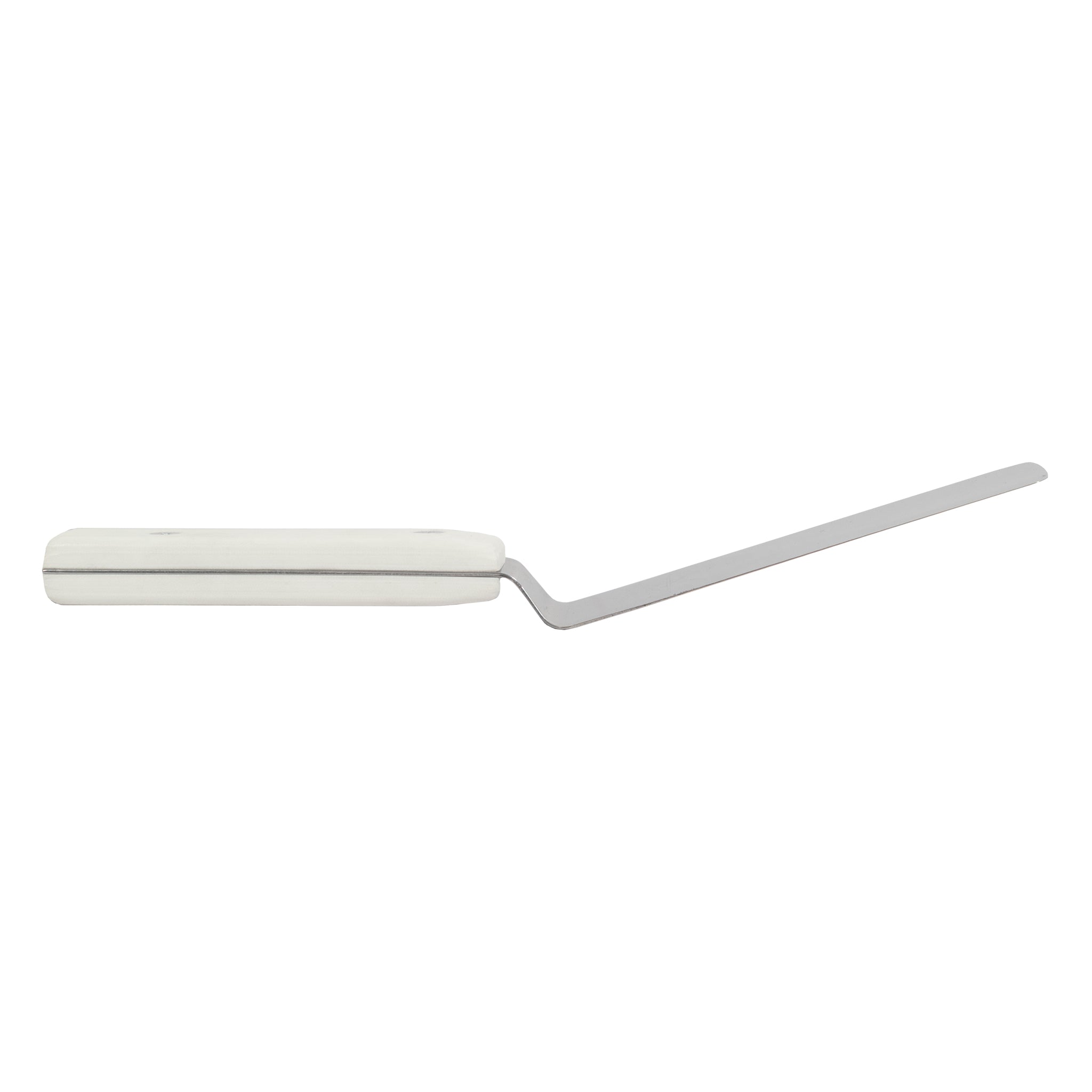 Side view of offset palette knife kitchen spatula with white g-10 handle.