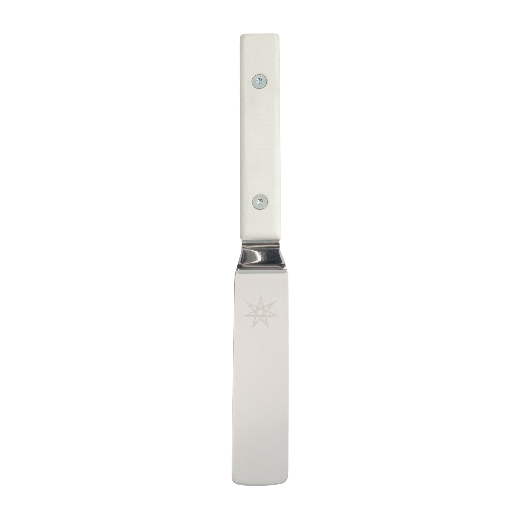 Offset palette knife kitchen spatula with white g-10 handle.