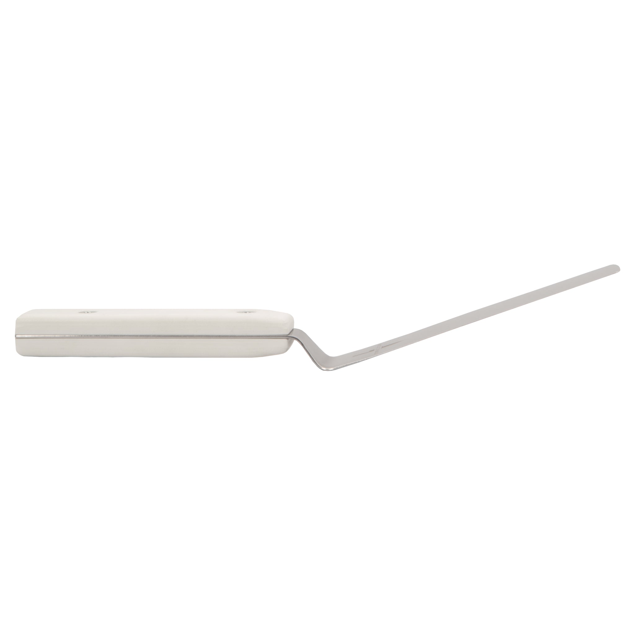 Side view of offset palette knife kitchen spatula with white g-10 handle.