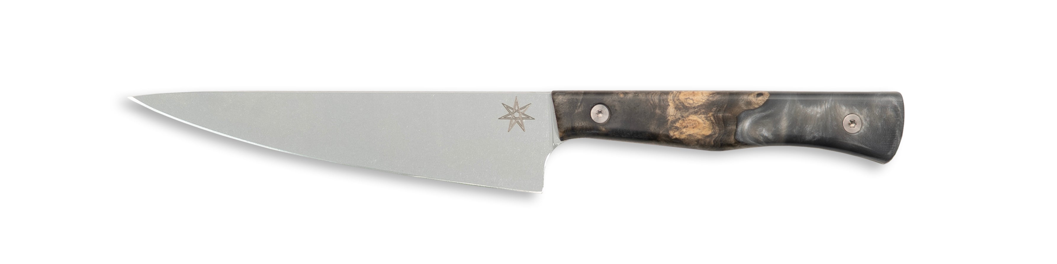 A kitchen utility knife with a silver gray resin and wood handle on a white background.