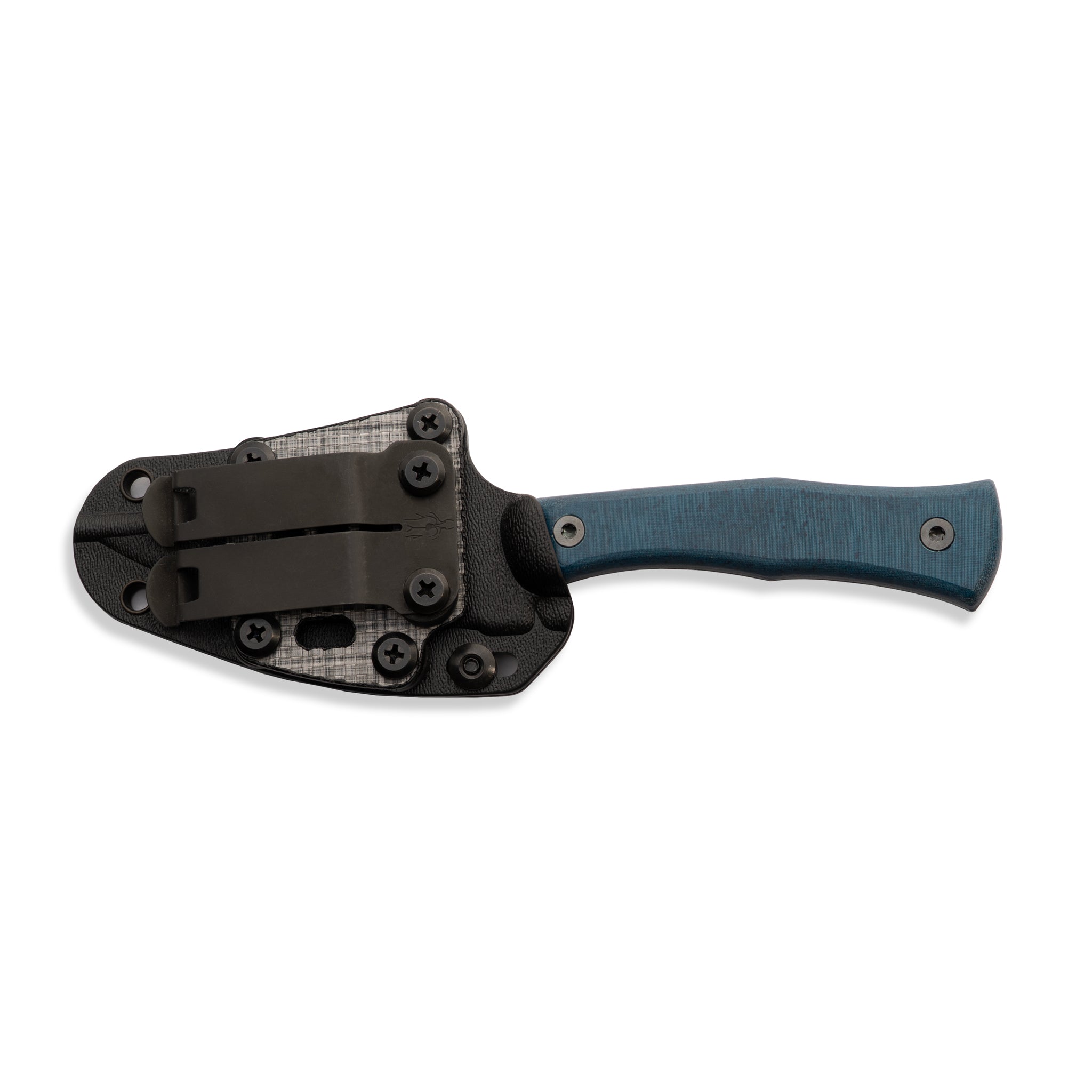 Hunting knife with a blue handle with a black sheath with a clip on a white background