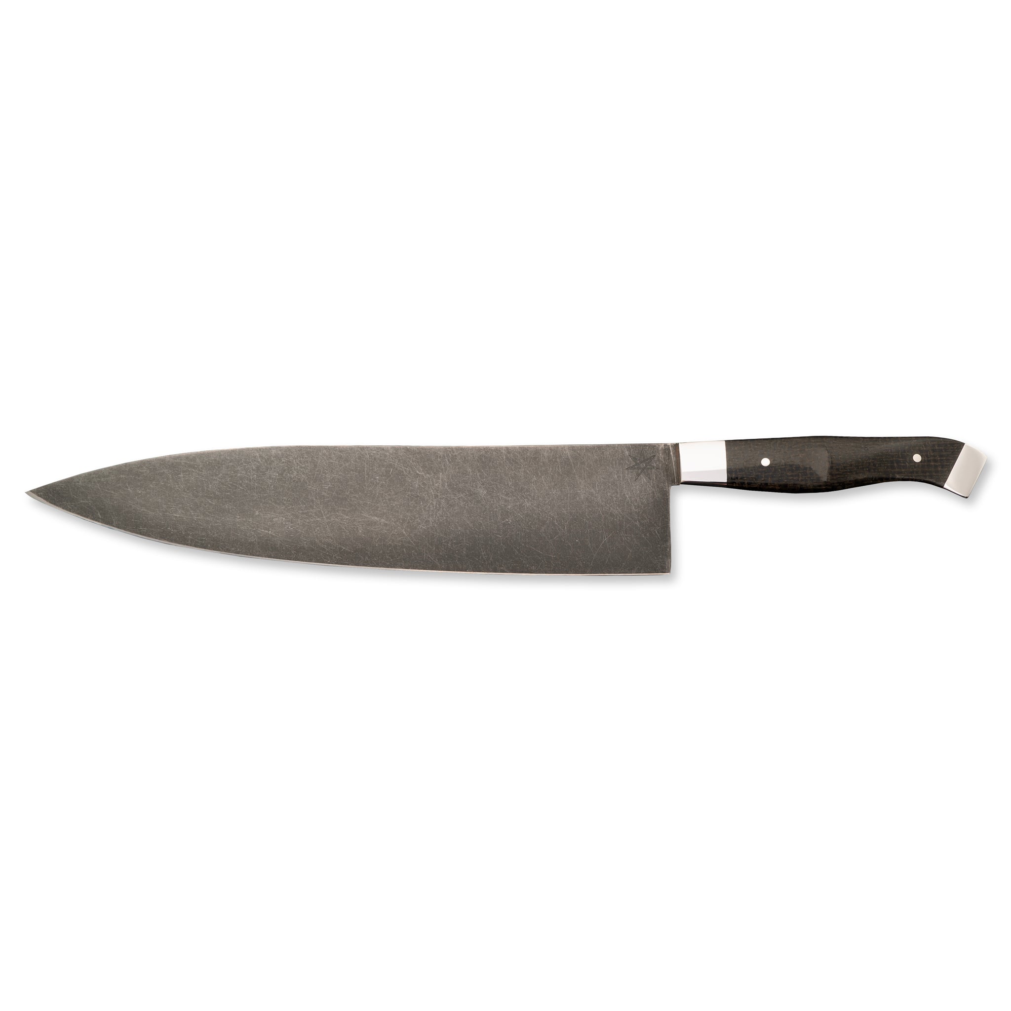 10" Carbon Steel Chef Knife with Stonewash Finish Blade, Black Burlap Micarta Handle, Stainless Steel Bolster and Pommel by Town Cutler