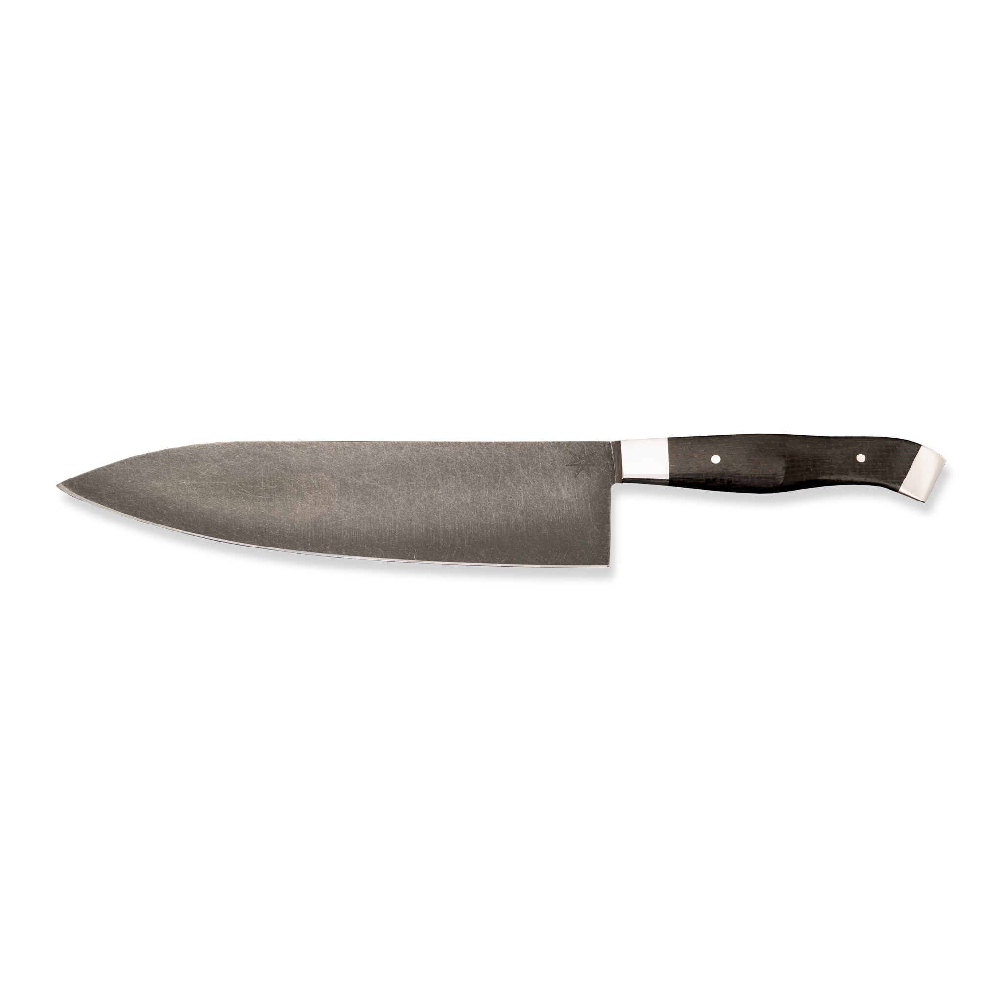 8.5" Carbon Steel Chef Knife with Stonewash Finished Blade, Black Burlap Micarta Handle, Stainless Steel Bolster and Pommel by Town Cutler