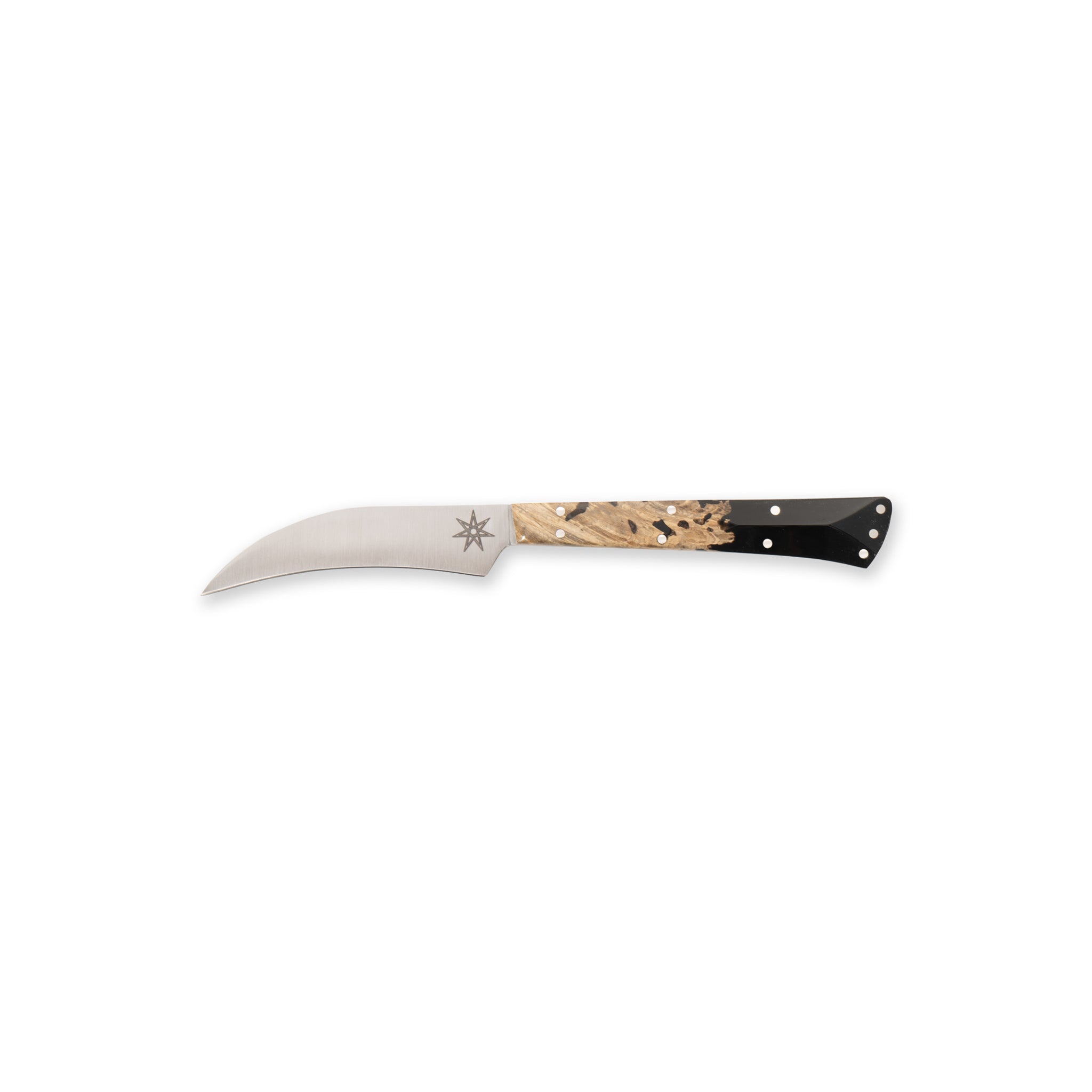 3" Bird's Beak knife by Town Cutler featuring the Desert Dawn handle made with live-edge Buckeye Burl and Nitro-V stainless steel blade.