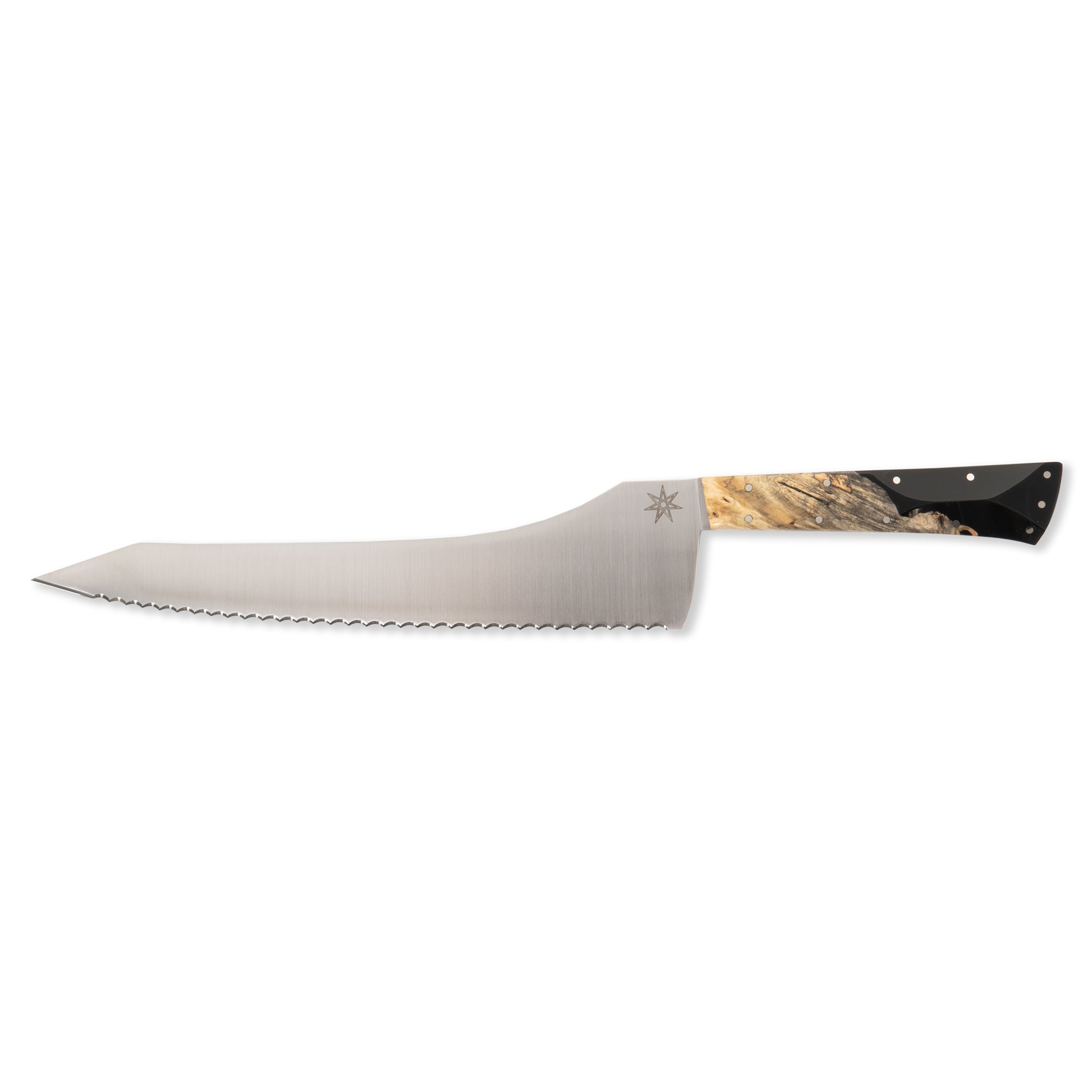 9" Bread knife by Town Cutler featuring the Desert Dawn handle made with live-edge Buckeye Burl and Nitro-V stainless steel blade.