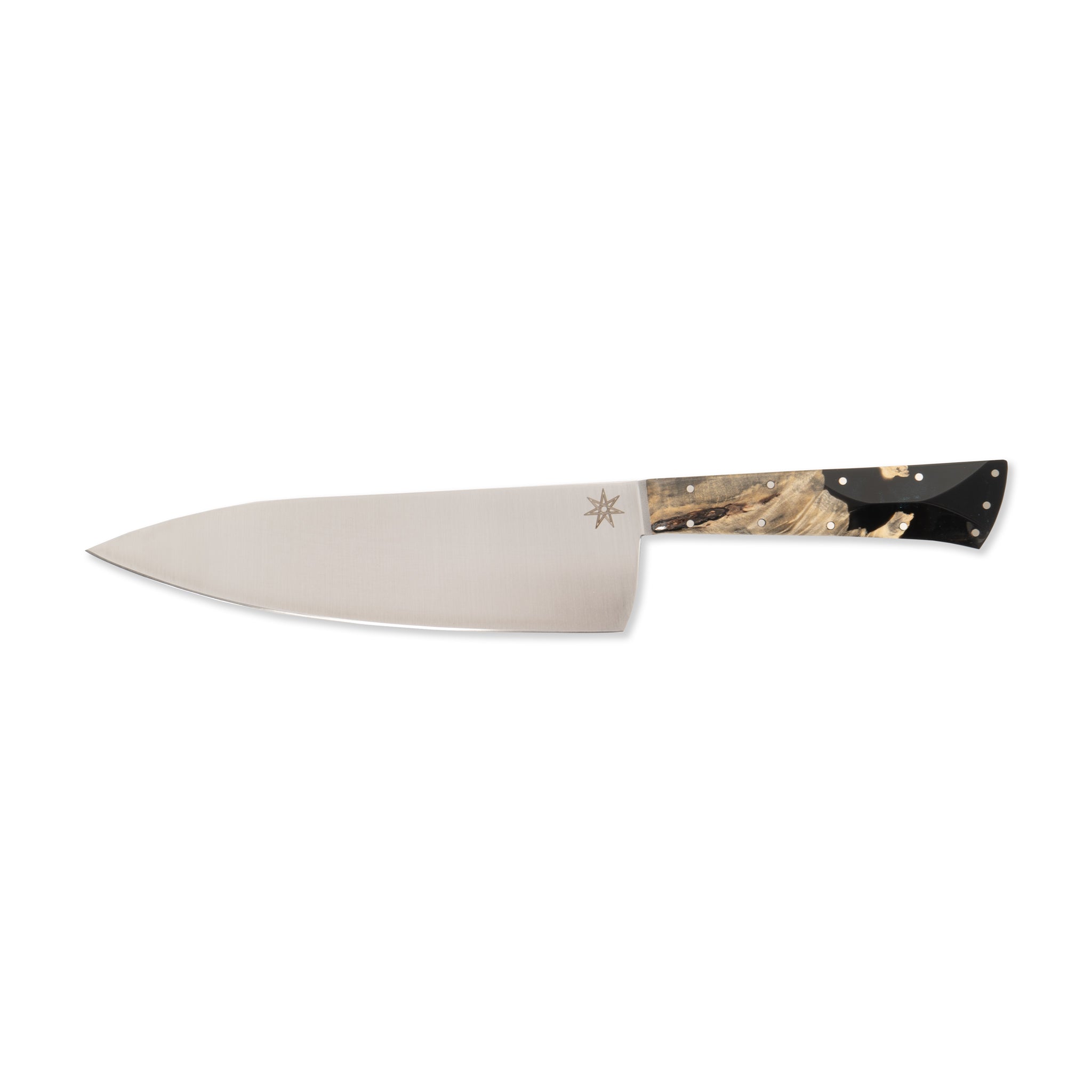 7" Chef knife by Town Cutler featuring the Desert Dawn handle made with live-edge Buckeye Burl and Nitro-V stainless steel blade.