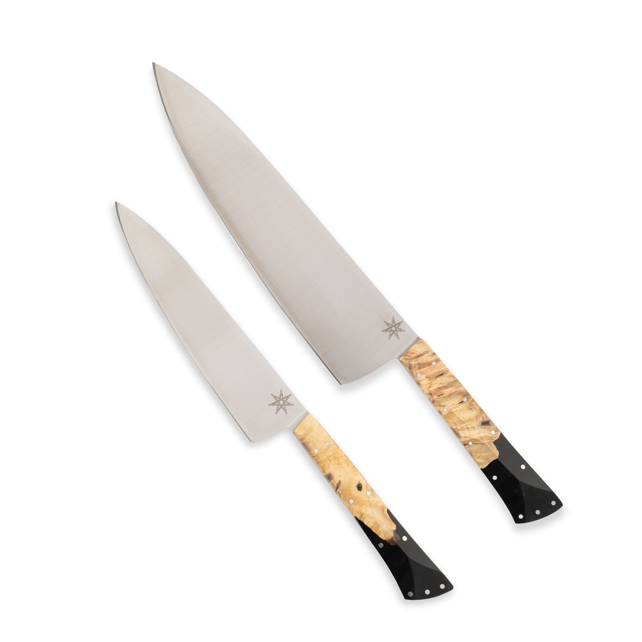 8.5" stainless steel chef and 6" utility knives by Town Cutler featuring the Desert Dawn handle. Sold as set.