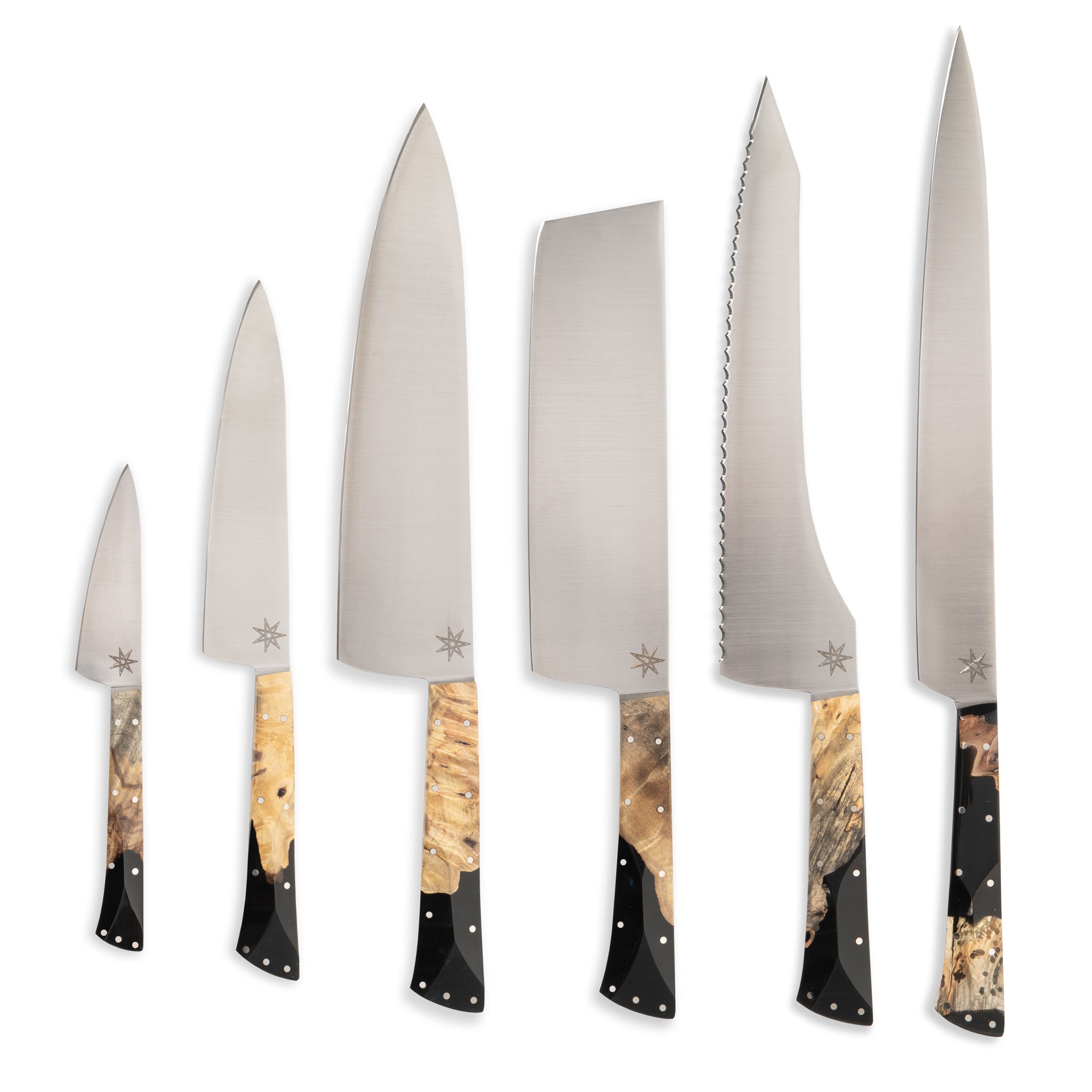 Six-piece essentials kitchen knife set with black resin and wood handles.