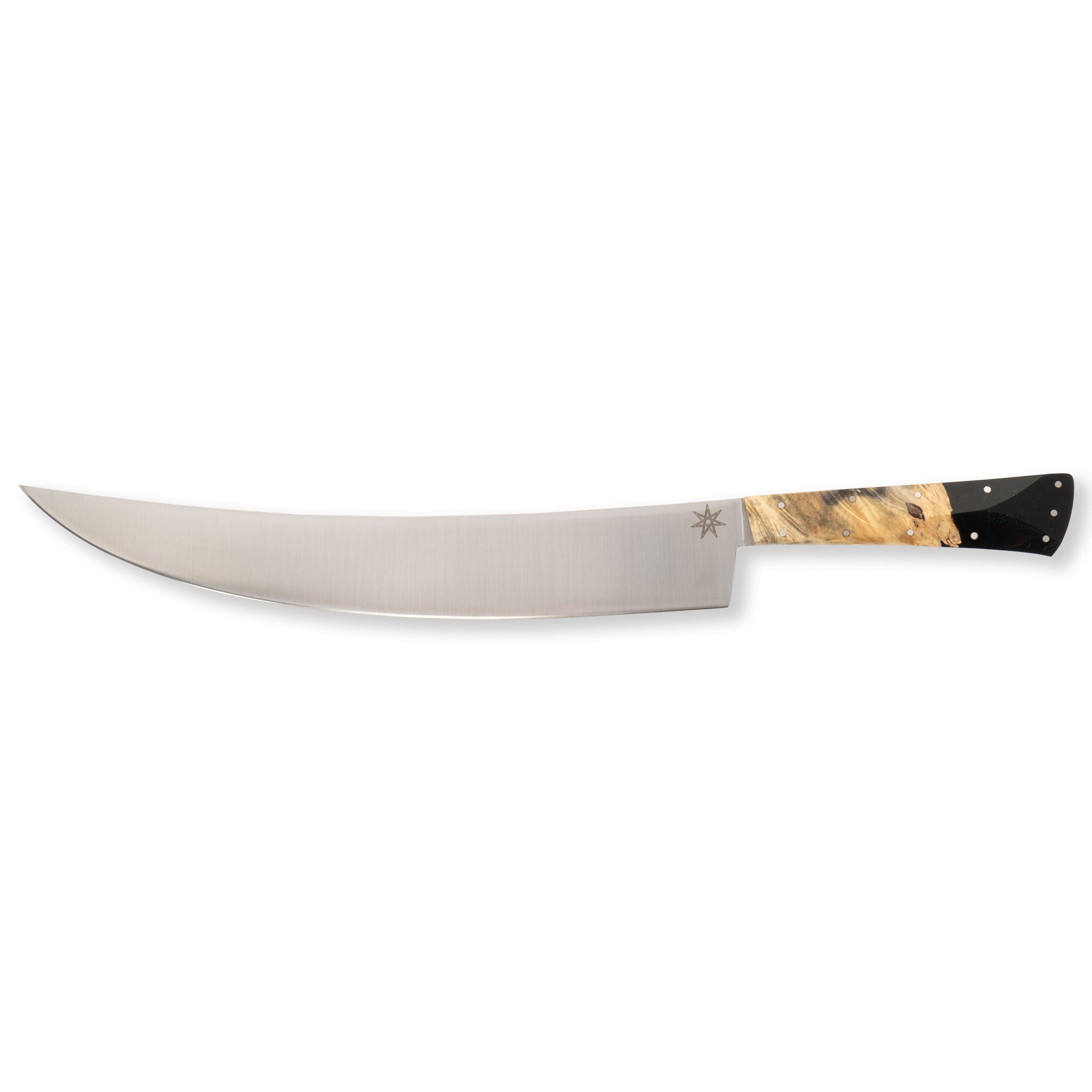 Town Cutler Scimitar Butcher Knife from Desert Dawn Knife Line with a wood and black resin handle on a white background