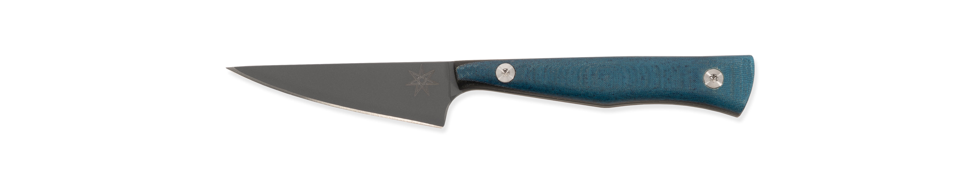 Kitchen paring knife with a blue handle on a white background