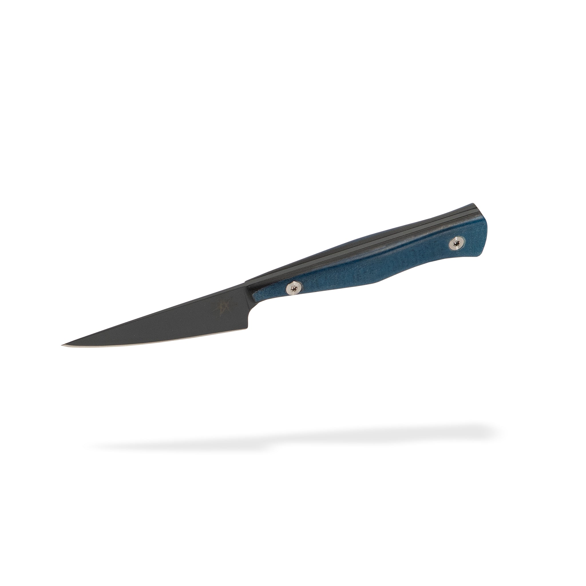 Paring knife with a blue handle and dark blade on a white background