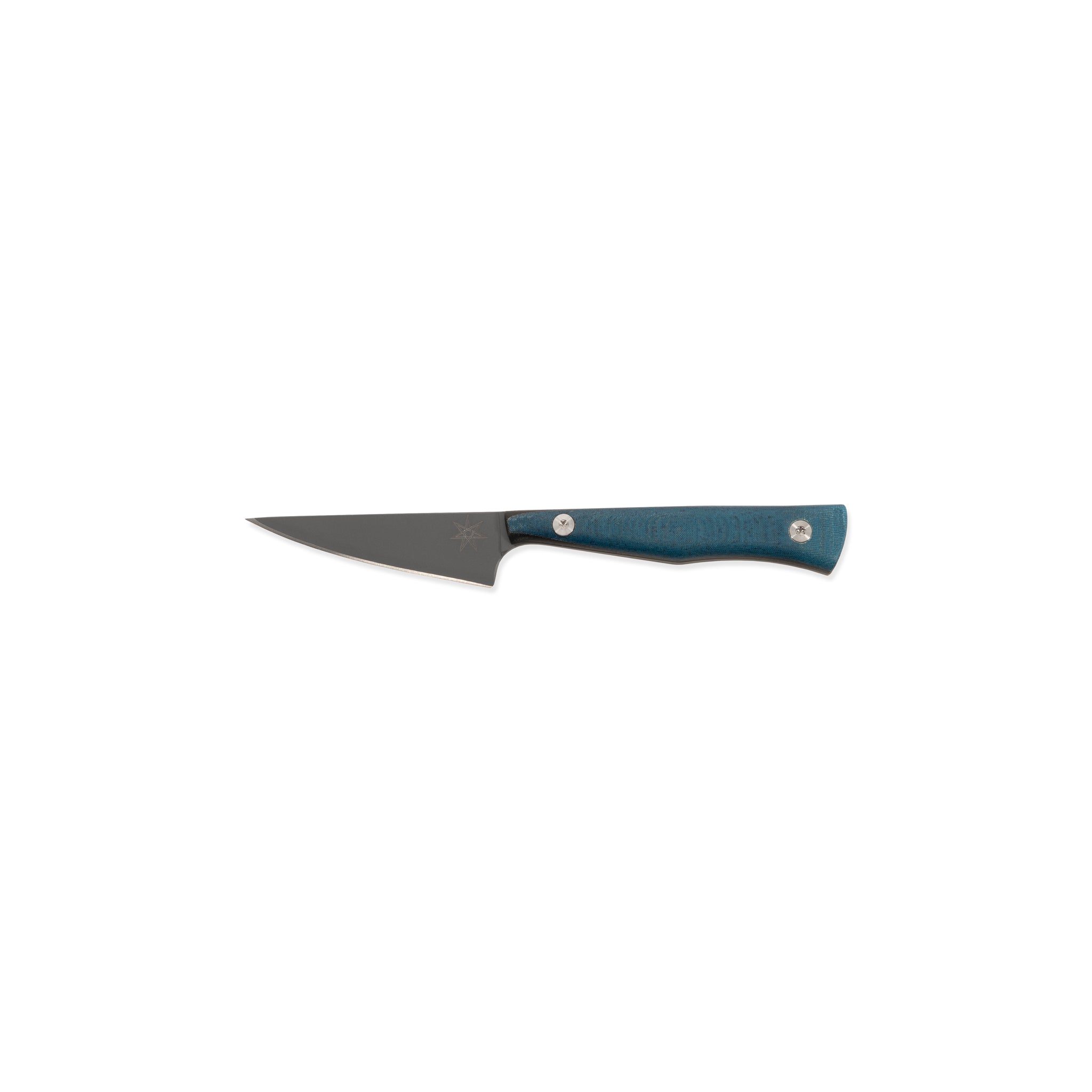 Kitchen paring knife with a blue handle on a white background