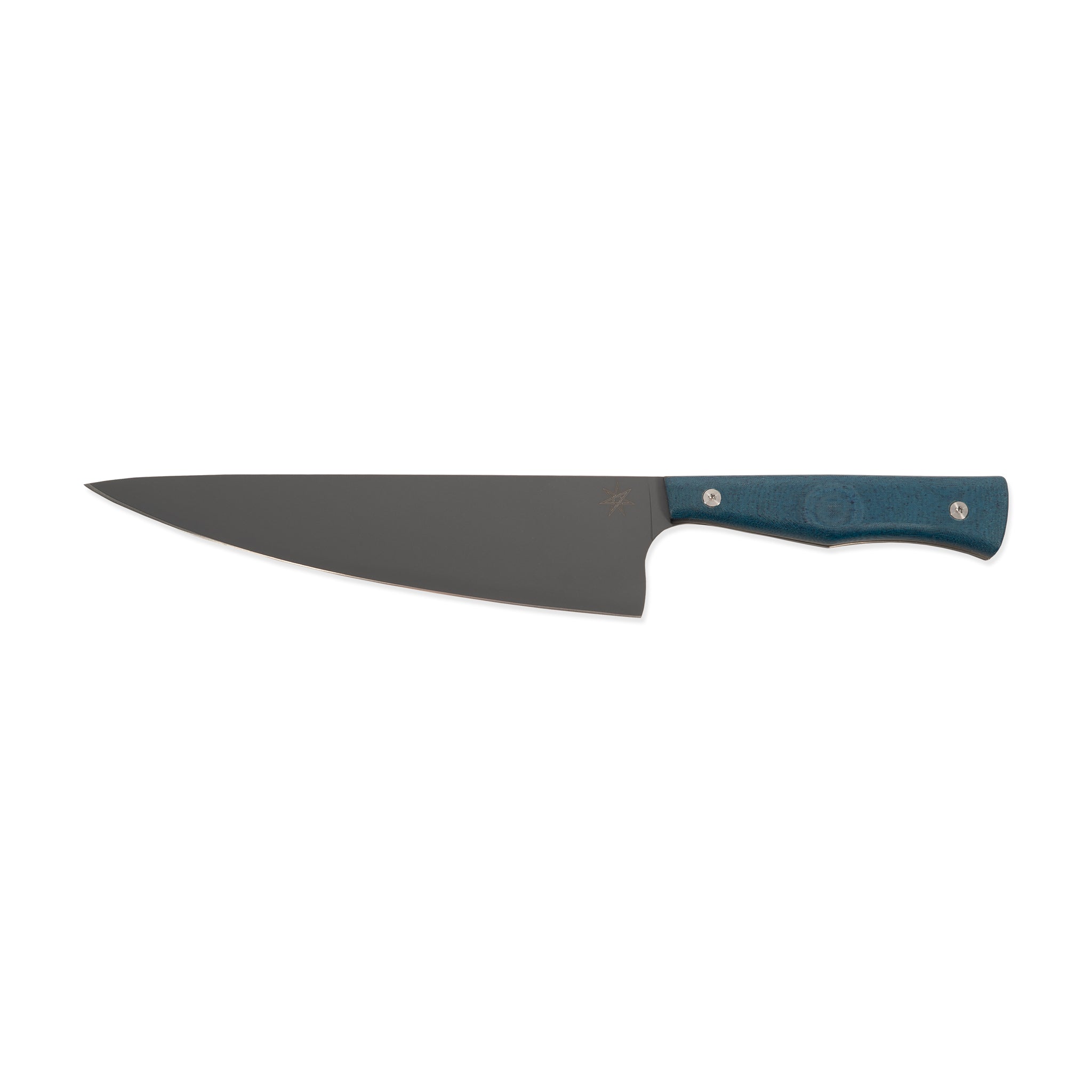 8.5" chef knife with stainless steel cerakote blade with blue micarta handle.