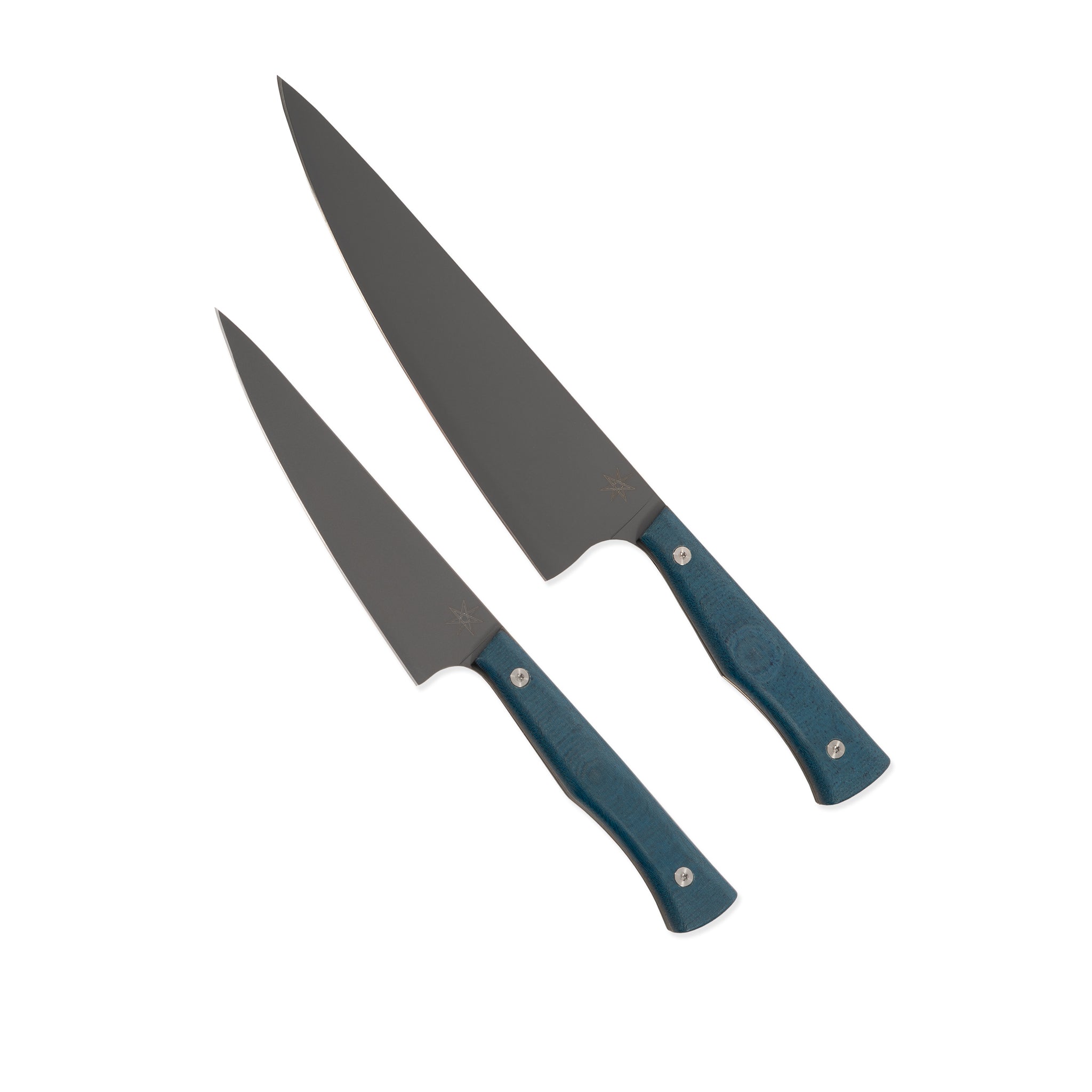 Two piece knife set with chef and kitchen utility knives with blue handles on a white background