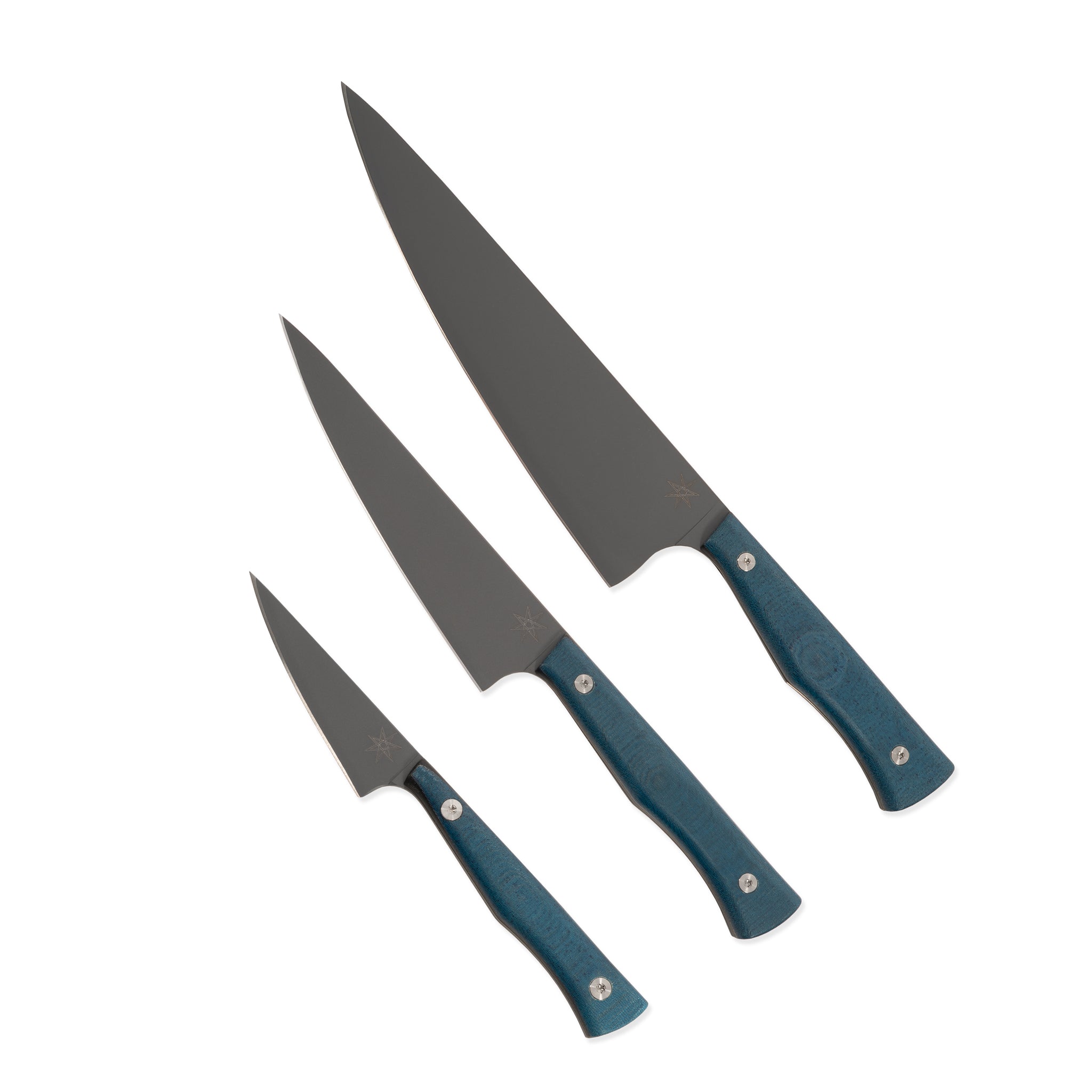 Three piece knife set with dark cerakote stainless steel blades and blue handles.