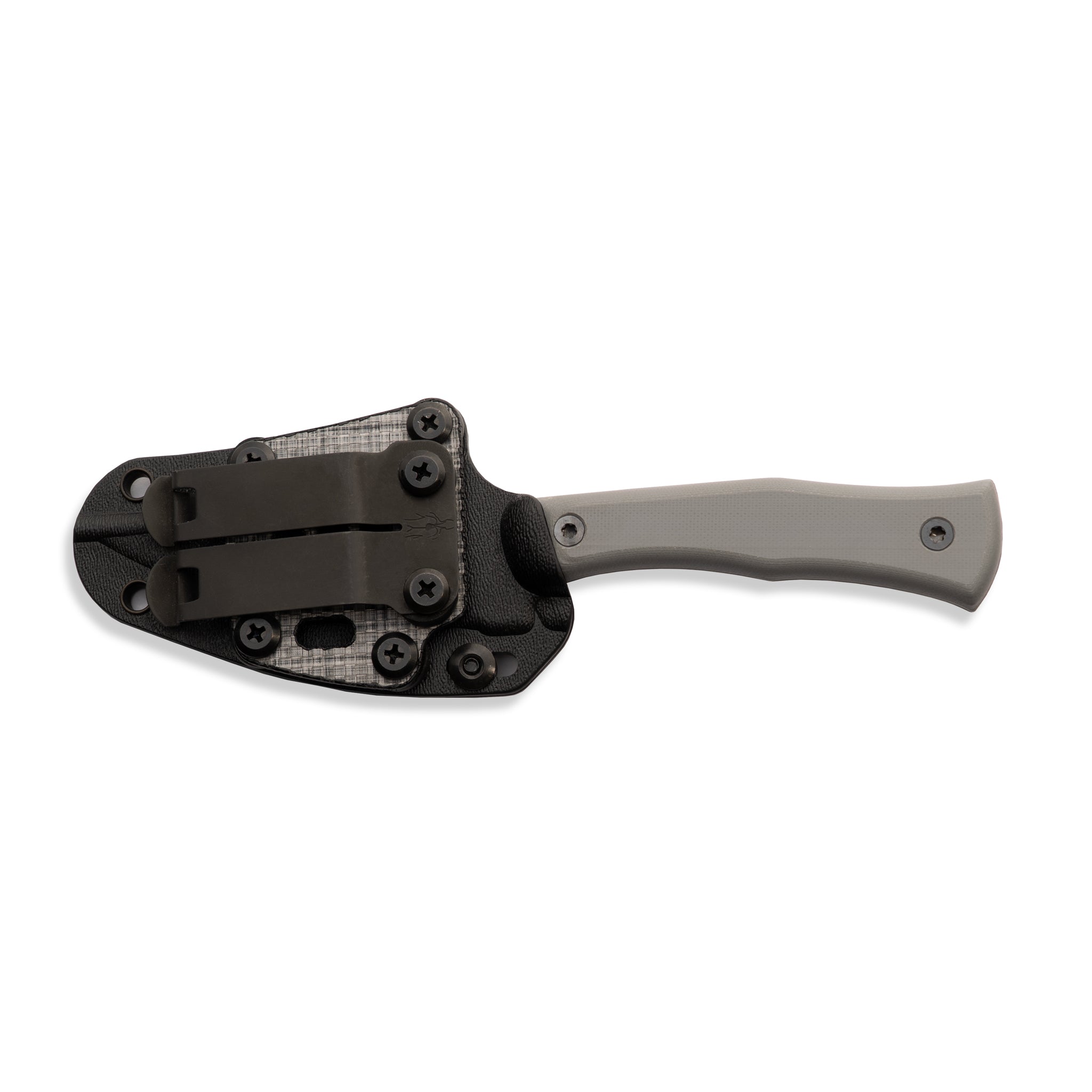 Hunting knife with a gray handle with a black sheath with a clip on a white background