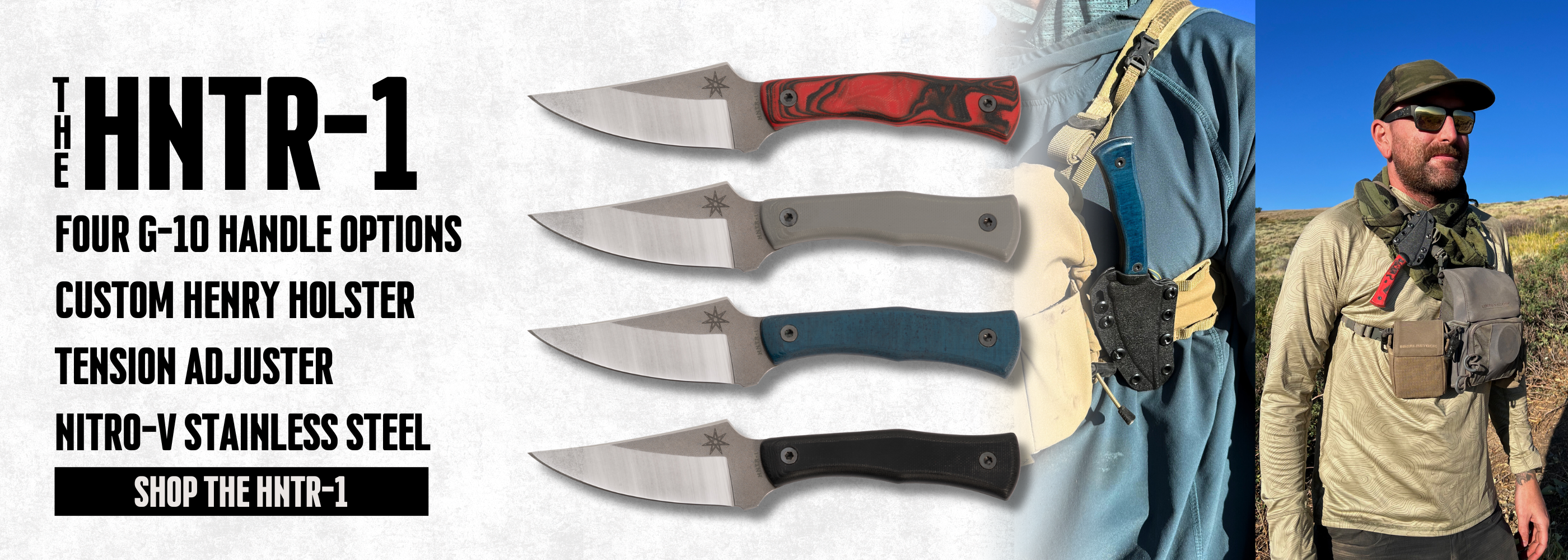 Four hunting knives with different handles and a person wearing outdoor gear with a hunting knife.