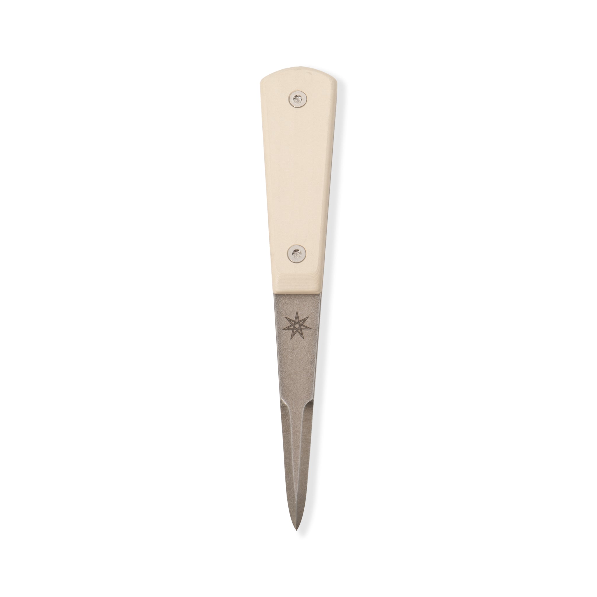 Oyster shucker knife with cream colored handle made from Ivory paper Micarta 